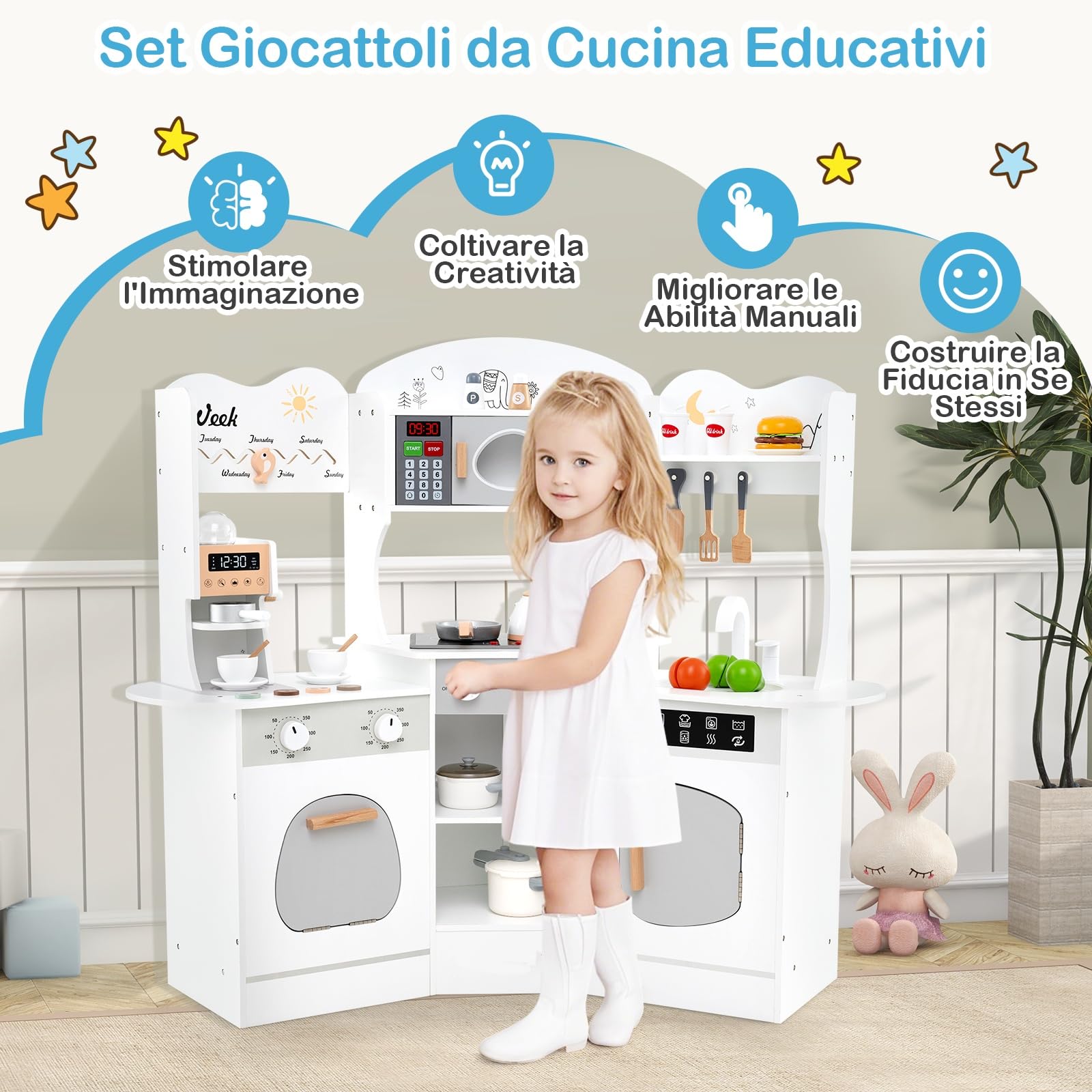 RELAX4LIFE Cucina Giocattolo per Bambini, Mini Cucina Angolare in Legno con Luci e Suoni Reali, Utensili, Set Giocattoli per Bambini 3+ Anni, 105 x 30 x 95 cm (Bianco)