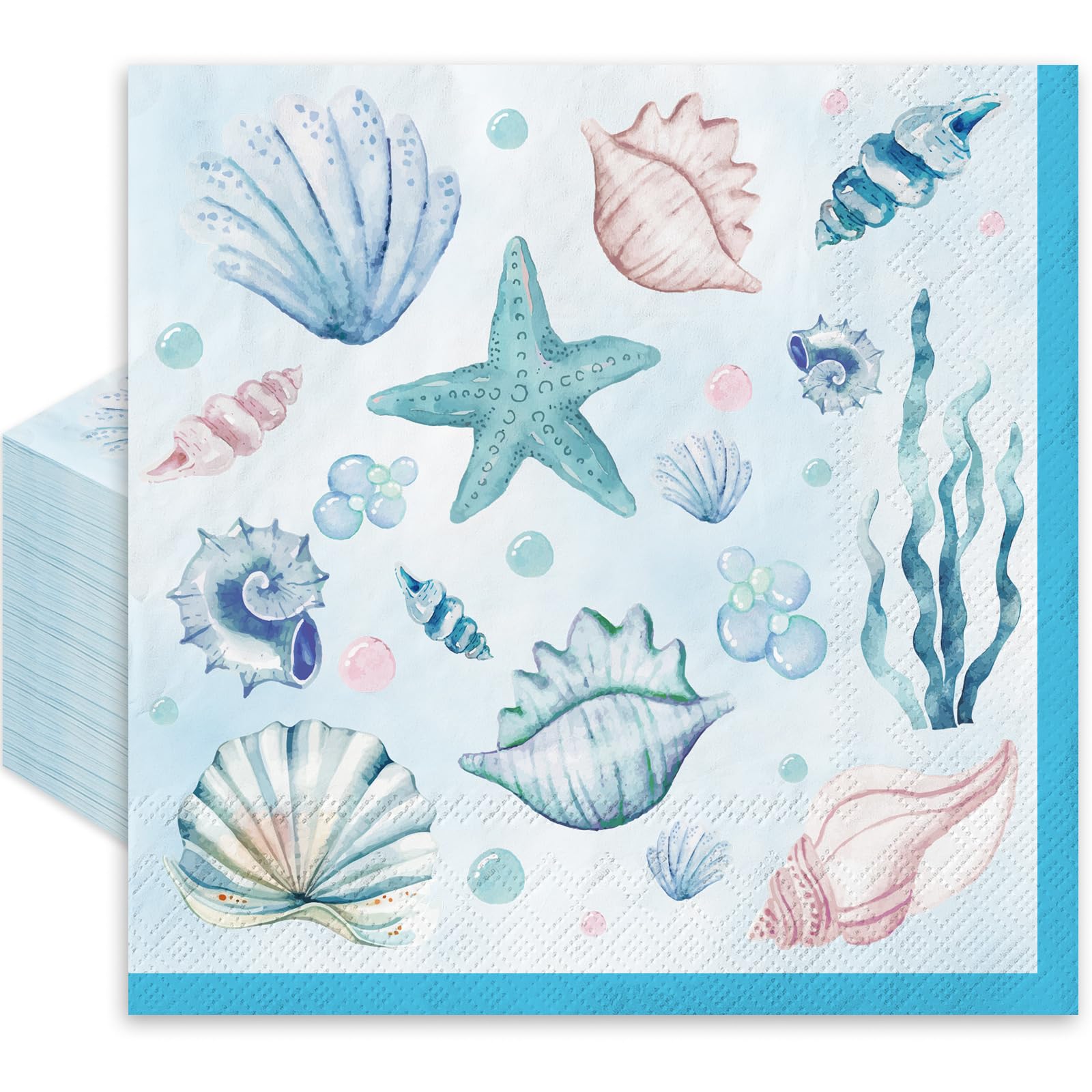 JarThenaAMCS 80Pcs Sea Paper Napkins Blue Starfish Seashell Coral Disposable Napkins Summer Ocean Luncheon Dinner Napkins for Under the Sea Beach