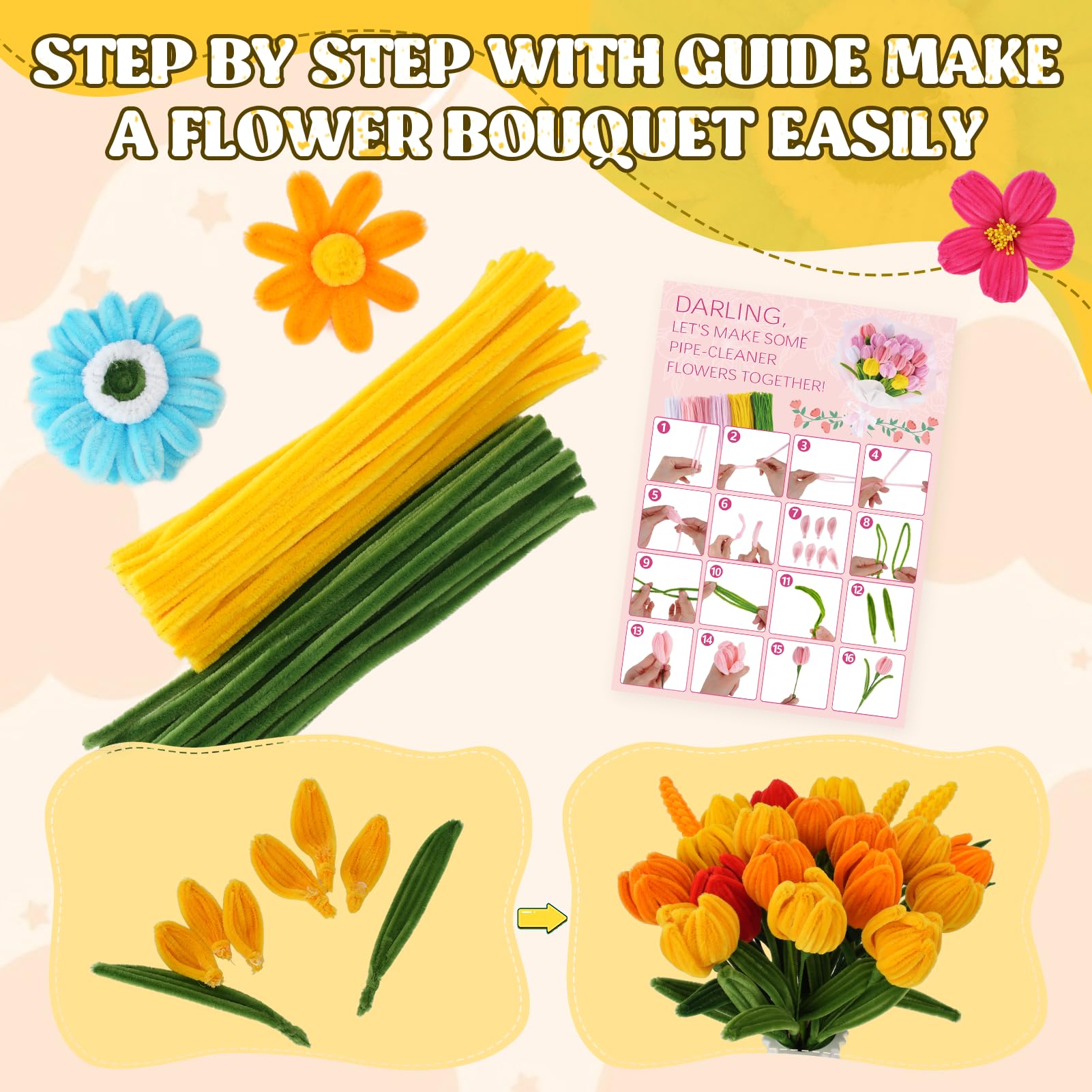 800PCS Pipe Cleaners Flower Kit, Pipe Cleaner Bulk Craft Flower Making Kit with Instruction, 8 Colors Thick Chenille Stems for Arts DIY Craft Supplies with Greeting Card, Floral Wires, Tape, Stamen - 5