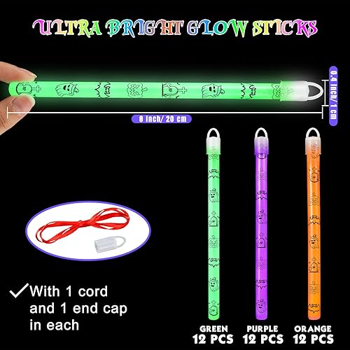Miniatura 8 de Libima Juego de 36 collares de 8 pulgadas con palitos brillantes de Halloween con tapas y cordones brillantes de calabaza de araña brillante que