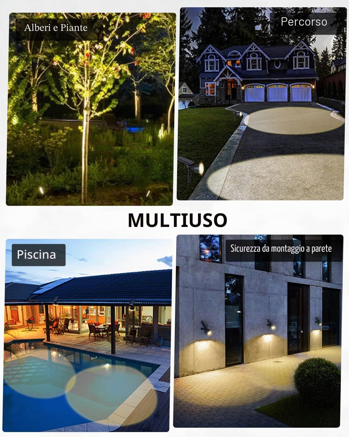 BLOOMWIN Faretti Solari a LED da Esterno - 2 Pezzi Lampade Solari da Giardino da Terra Bianco Caldo Impermeabili IP65, Proiettore Interno Luci Solari Esterni per Alberi Cortile Prato Piscina
