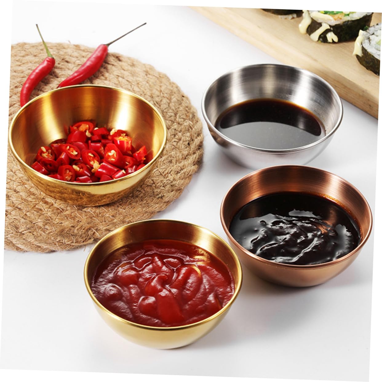 PRETYZOOM 4Pcs Stainless Steel Sauce Dishes Multi Purpose Condiment Plates for Dipping Sauces Snacks Side Dishes Lightweight Portable Kitchen Dinnerware for Home Restaurant