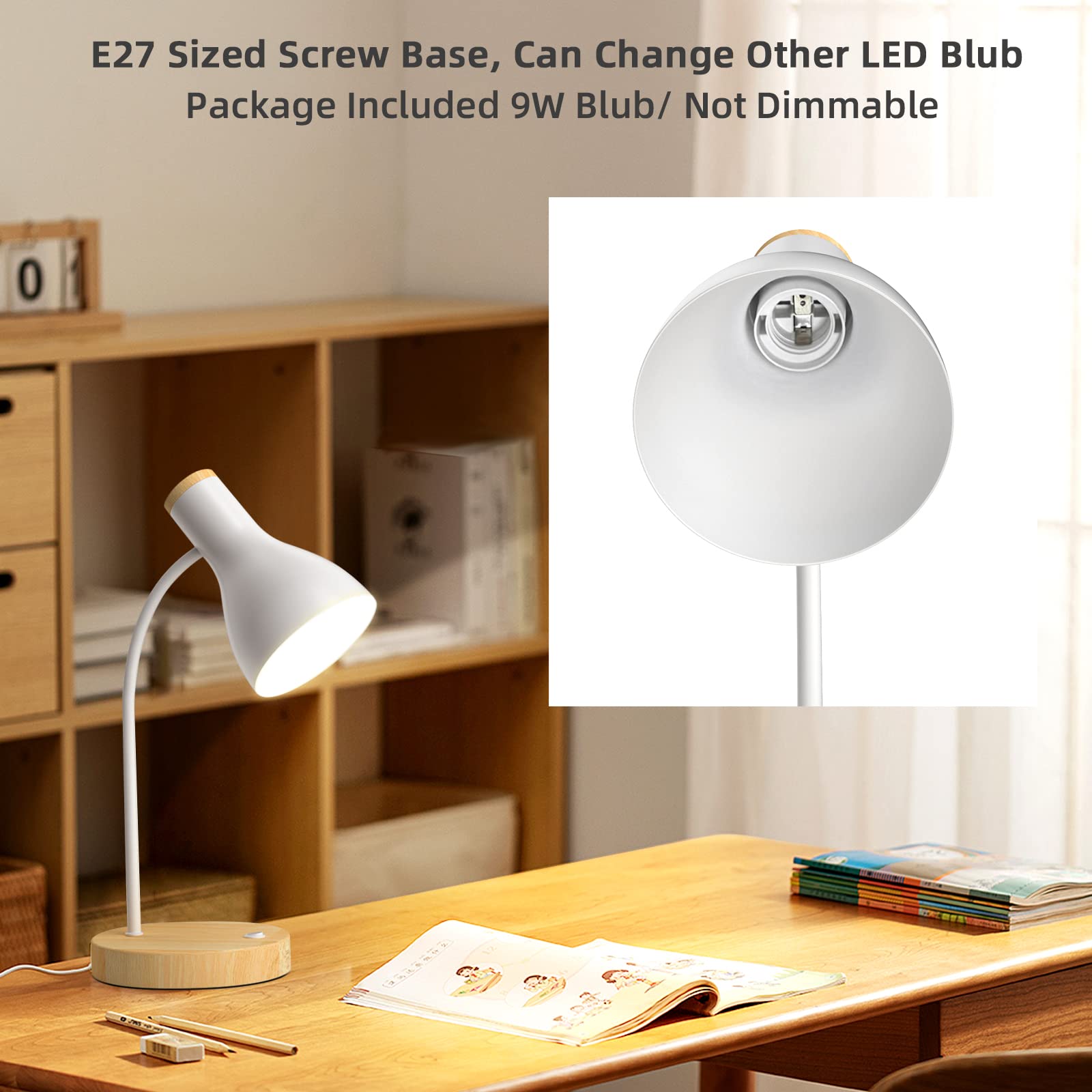 LALISU Tischlampe Basic LED Leselampe im Klassichen Holz-Design, Schreibtischlampe Augenschutz Tageslichtlampe, Verstellbarem Arm (Weiß)