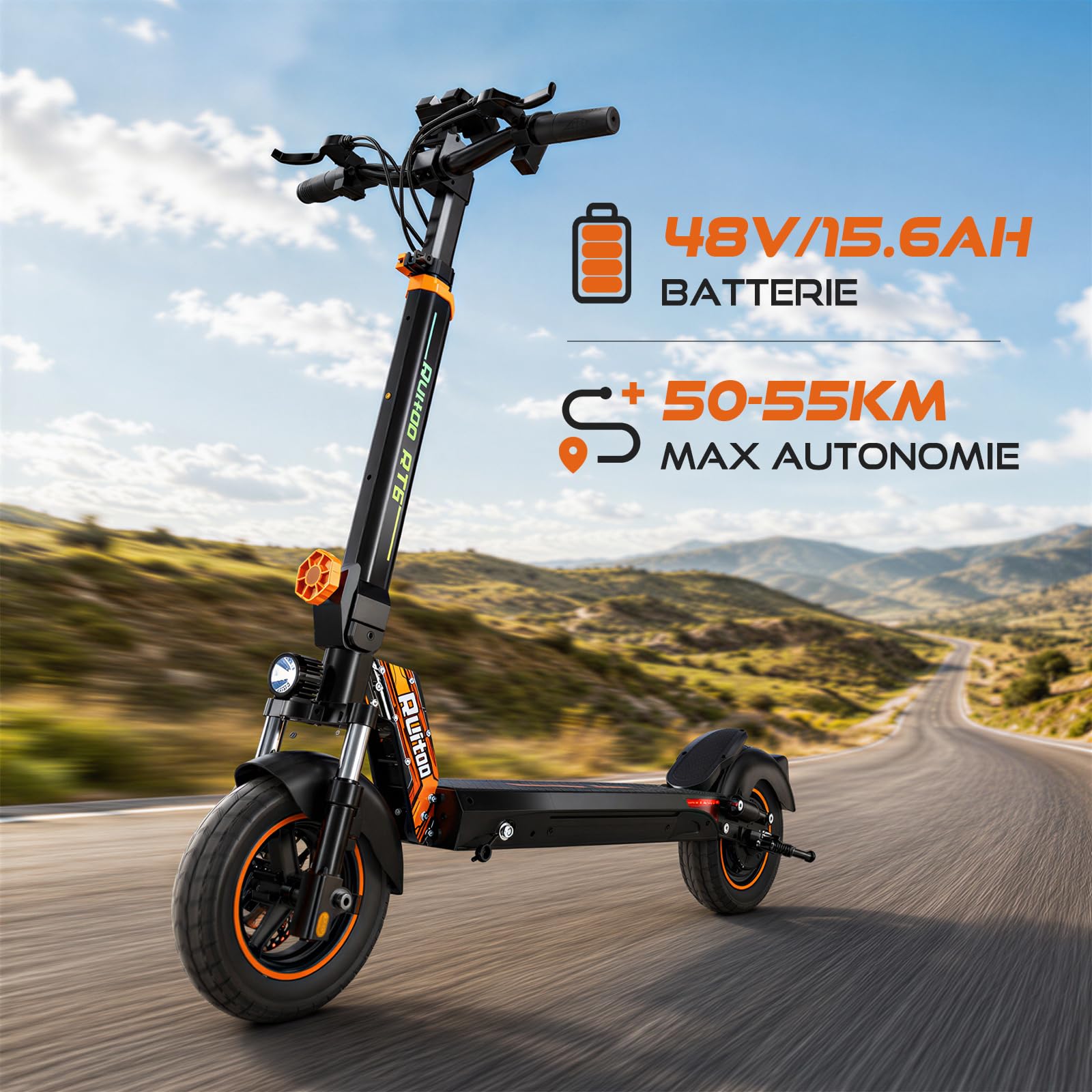 RT6 Trottinette Électrique, Autonomie Max 50KM, Batterie 48V 15.6Ah, Pneus Tout-Terrain 10 Pouces, 3 Mode de Vitesse, Affichage Intelligent, Facile à Plier