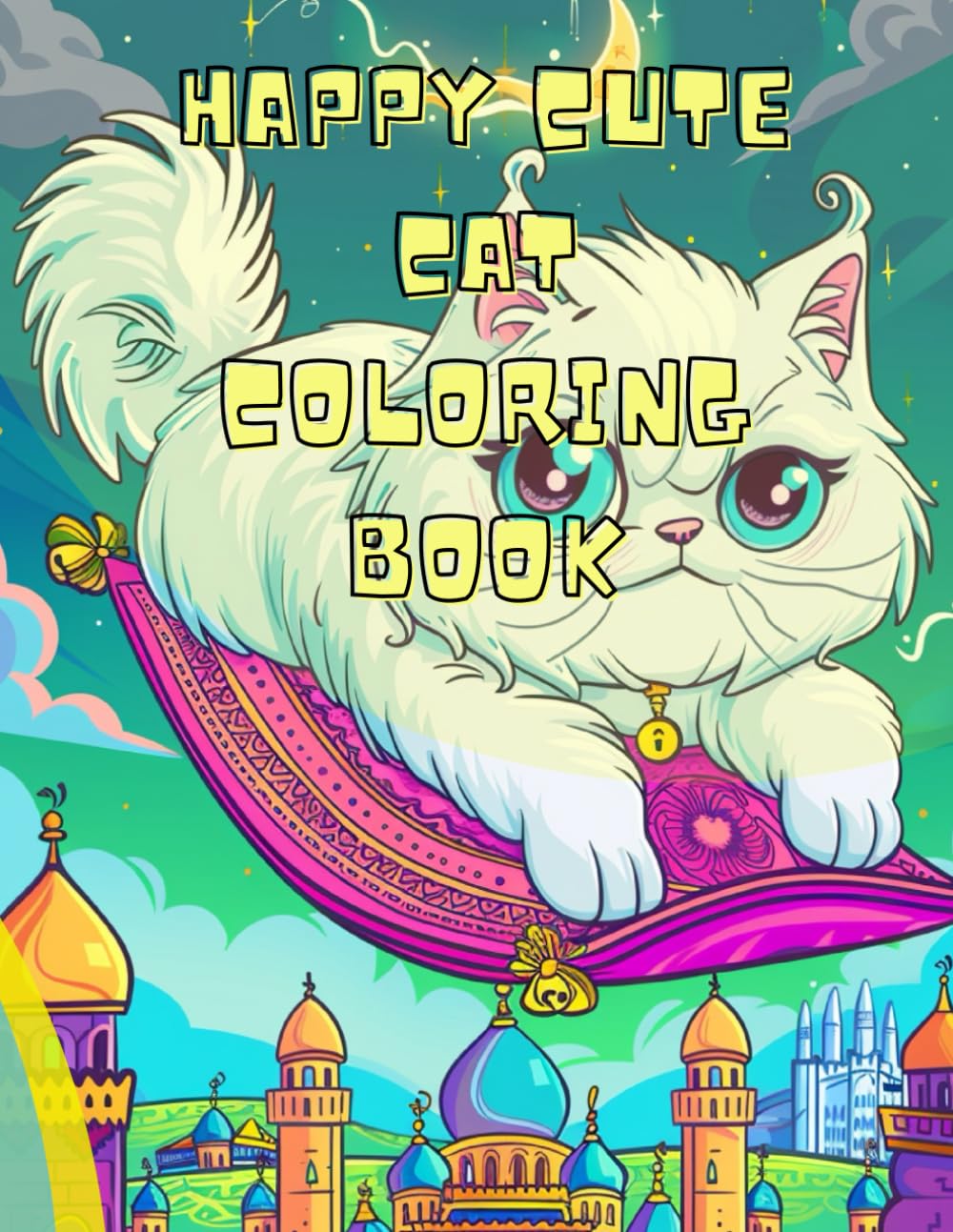 HAPPY CUTE CAT COLORING BOOK: 35 fun, easy-to-color drawings, Beautiful Designs of Cats, Animals, Landscape, Beach, House, Flowers, and more