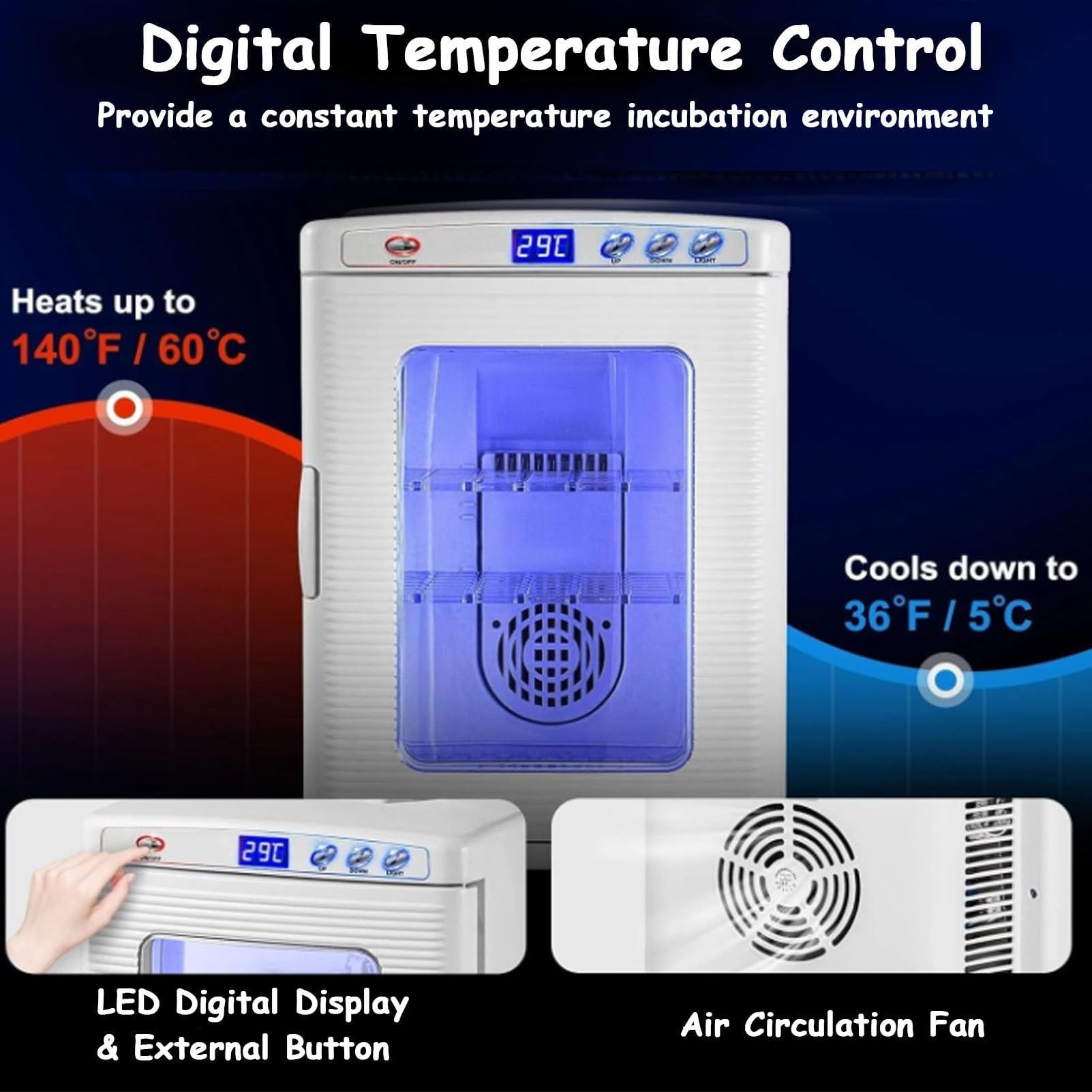 Incubadora de Huevos para Reptiles, Caja de termostato de refrigeración y calefacción de Laboratorio científico de 25 l con 5-60 °C y Pantalla LED y Mango, incubadoras de Laboratorio científico Black