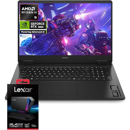 HP OMEN 17.3" RTX 5060 AI Gaming Laptop, FHD IPS 144Hz, AMD Ryzen AI 9 365(Beats Intel i9), NVIDIA RTX 5060, 32GB DDR5, 1TB SSD, RGB Backlit KB, Low Blue Light, Bundle with SL660 512GB Portable SSD