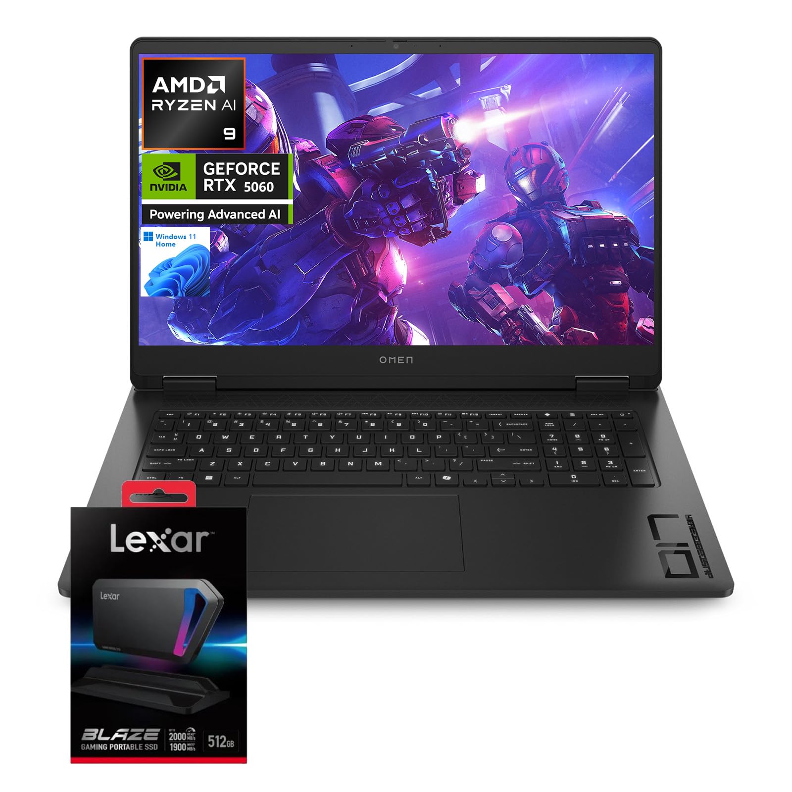 HP OMEN 17.3" RTX 5060 AI Gaming Laptop, FHD IPS 144Hz, AMD Ryzen AI 9 365(Beats Intel i9), NVIDIA RTX 5060, 32GB DDR5, 1TB SSD, RGB Backlit KB, Low Blue Light, Bundle with Adata 512GB SD620 SSD