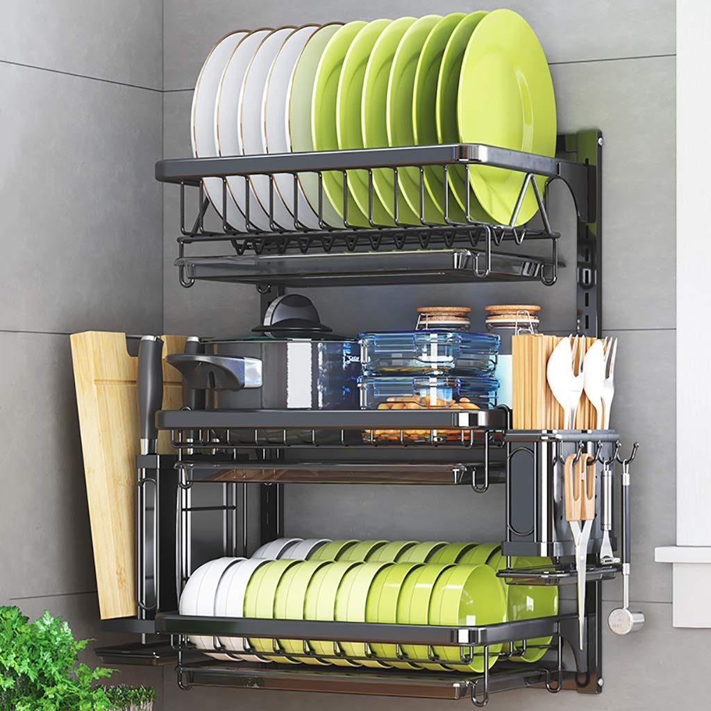 FAXIOAWA Scolapiatti, Scolapiatti da Cucina in Acciaio Inossidabile Nero 201 Scolapiatti a Parete - 2 Livelli/3 Livelli Risparmia Spazio/2 Livelli (Size : 3 Tier)