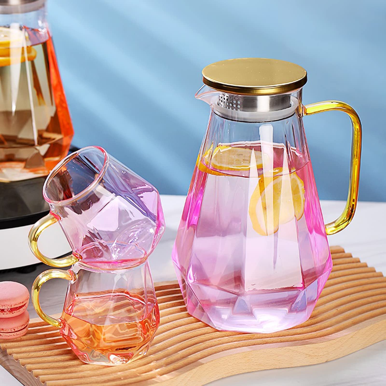 LUCBEI Dzbanek Kreatywny Szklany Zestaw Czajników Wodnych Przynosi Kubek Taca 1500 ml Różowy Przezroczysty Dzbanek Kwiat Zestaw Herbaty Owocowej Popołudniowa Herbata Naczynia do picia Gorąca/Zimna