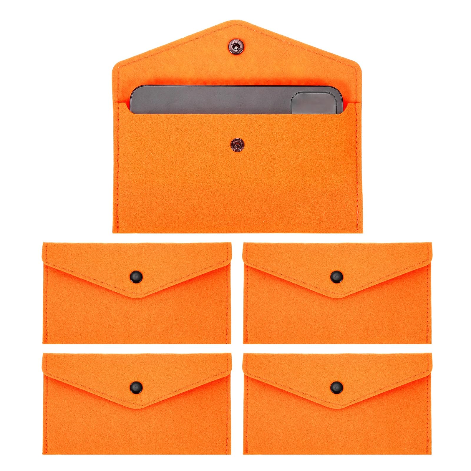 PATIKIL 5Pcs Felt Money Bag, Felt Cellphone Sleeve Case Pouch Cash Bag Button Closure Cash Envelope Wallet Storage Pouch for Card Pen Sunglasses, Orange
