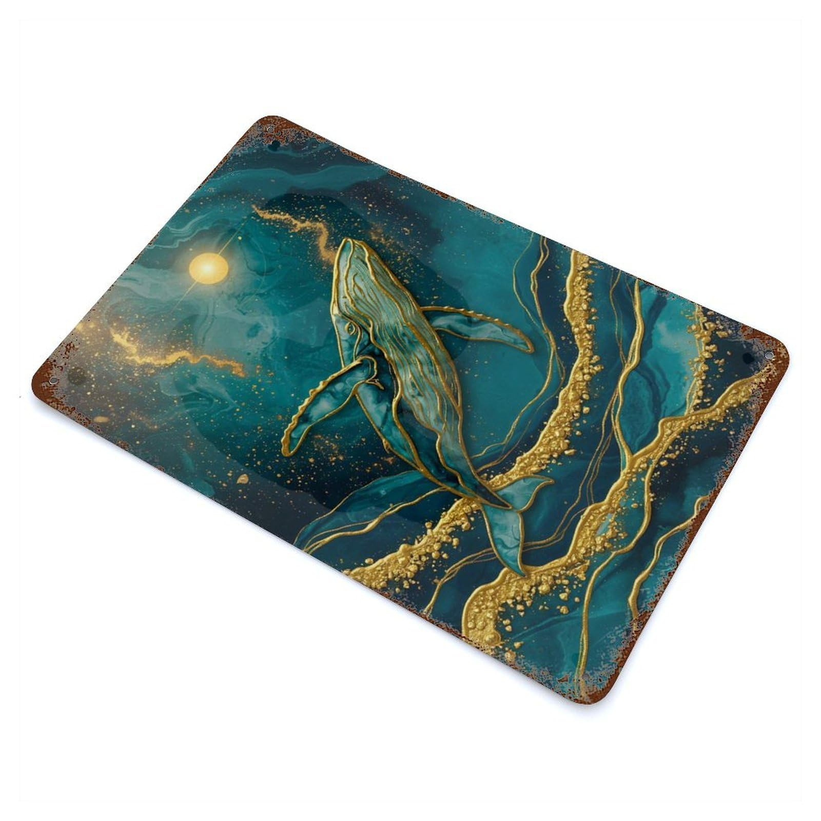 Retro Metal Sign with Whale in Teal And Gold Design 11.8"x7.9", for Bistro, Counter And Cafe Decor, Shabby Chic Decor