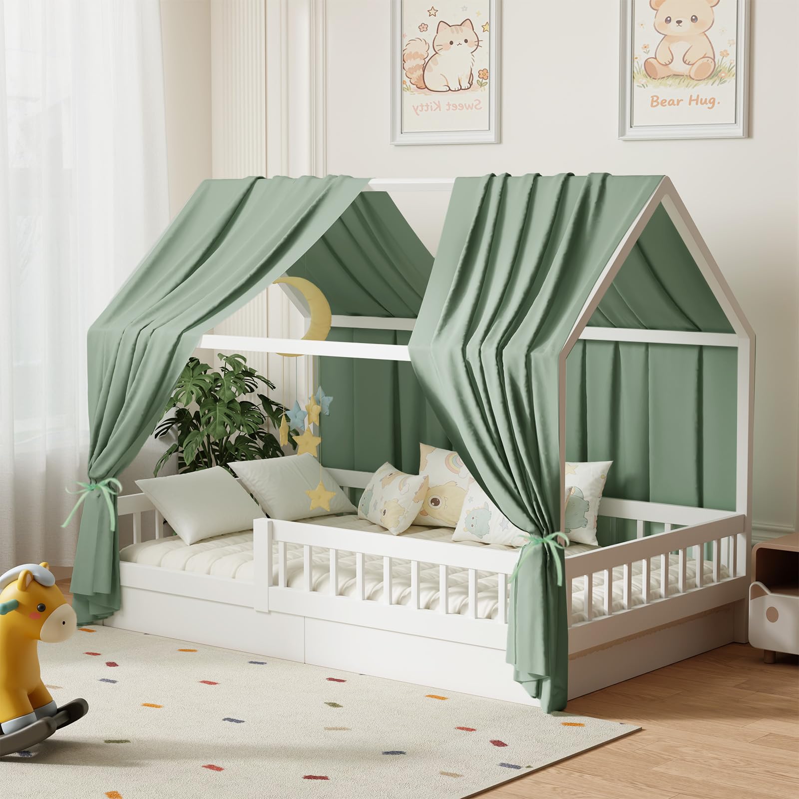 Ciel de Lit Cabane pour Maison Ensemble 2 Pièces 135 x 350 cm Vert | Rideaux Lit Cabane Garçon Fille Décoration de Chambre