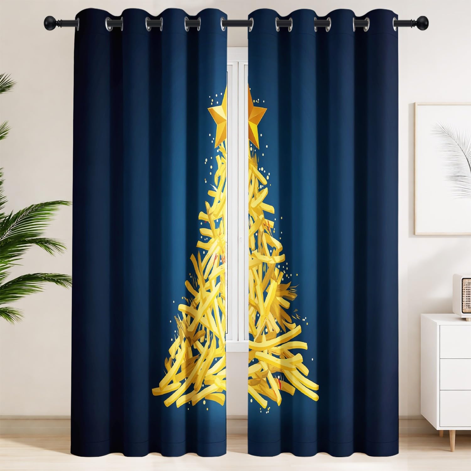 Generisch Frytki na choinkę, zasłony w gwiazdki, nieprzejrzyste, 150 x 200 cm, zasłony zestaw 2 sztuk – kontrastowe, humorystyczne, ukośne – zasłony zaciemniające do jadalni, kuchni