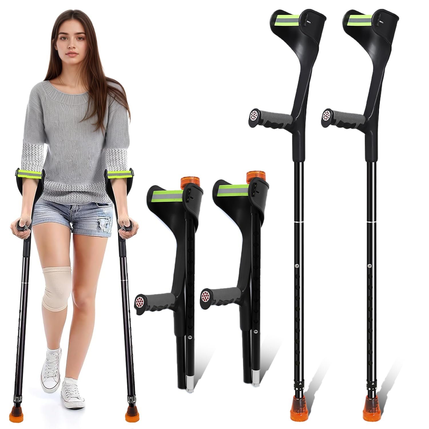 Paquete de 2 muletas plegables para adultos, muletas ligeras para adultos, mujeres, hombres, ancianos, muletas ajustables en altura con mango cómodo, muleta negra para ayuda diaria al