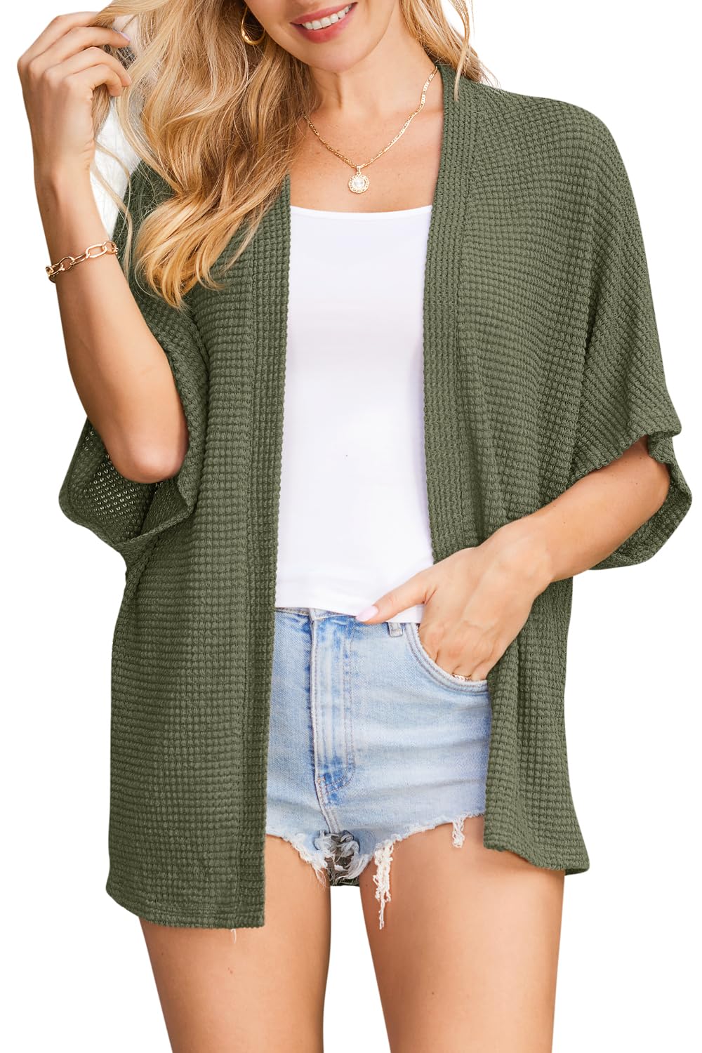 STYLEWORD Strickjacke Damen Leichte Kurzarm Sommer Cardigan Strand Cover Up Kimono Casual Strickmantel