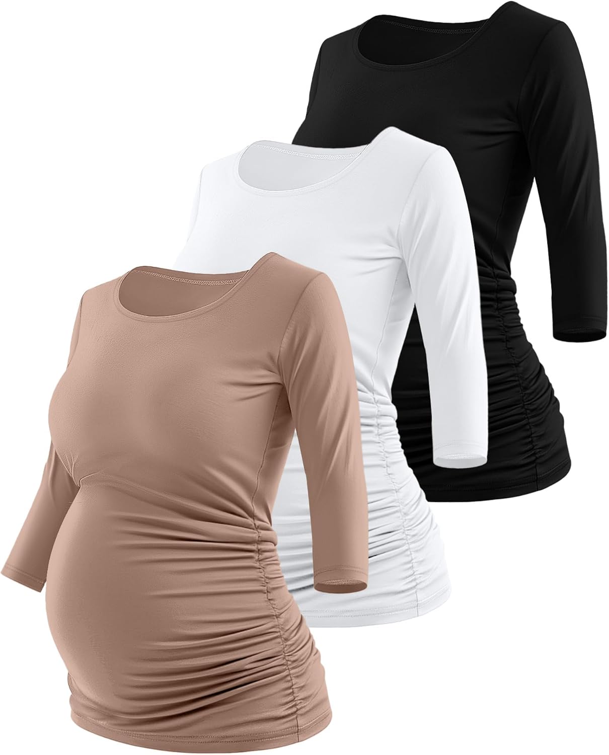 Ficerd 3 Pack Women's Maternity Tops 3/4 Sleeve Round Neck Side Ruched Tunic Pregnancy Shirts Clothes - Image 2