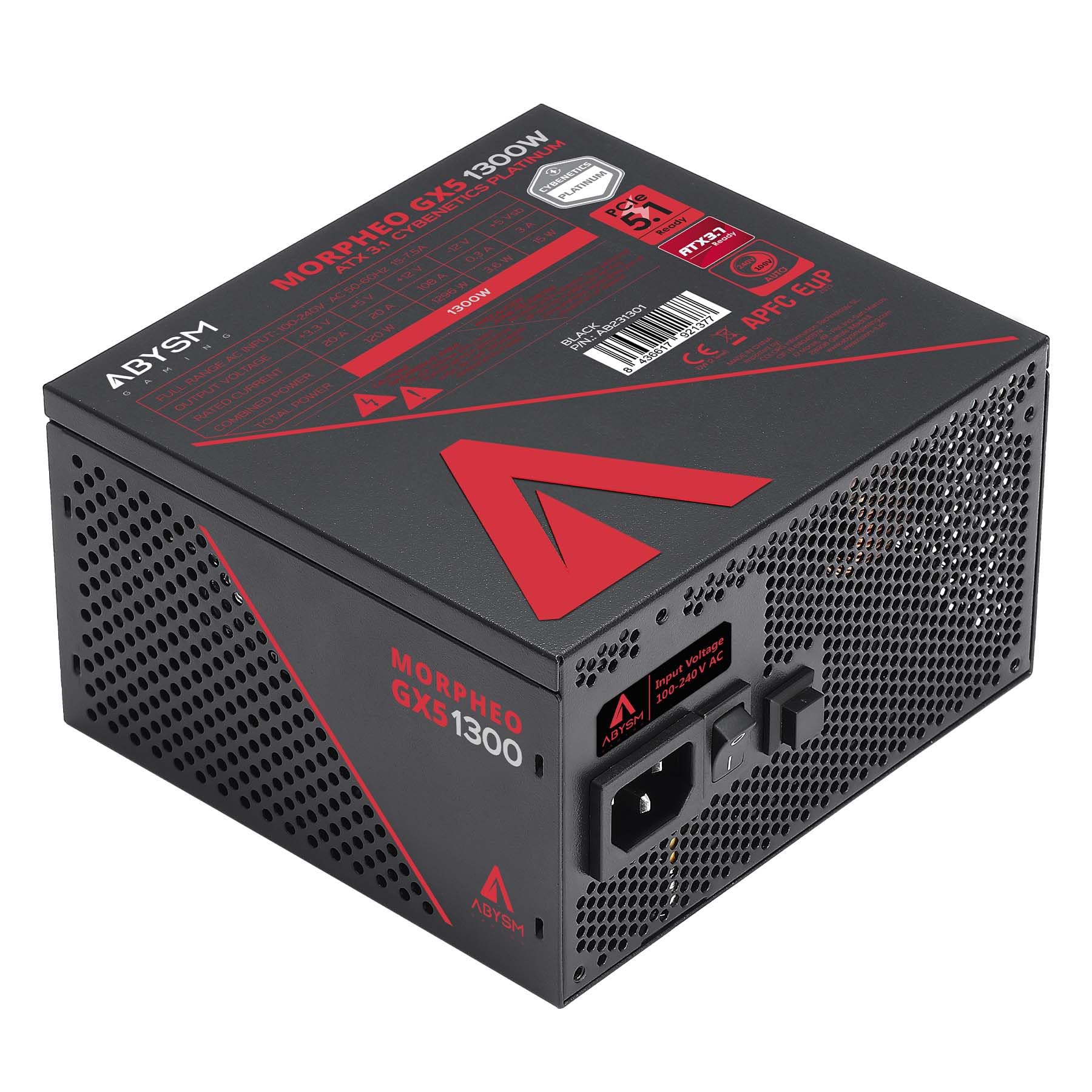 ABYSM Gaming Alimentatore MORPHEO GX5 1300 W ATX 3.1, Cybenetics Platinum, 80 Plus Gold, Full Modular, PCIe 5.1 16‑Pin. Ideale per PC Gaming di fascia alta (RTX 4090 / RX 7900)