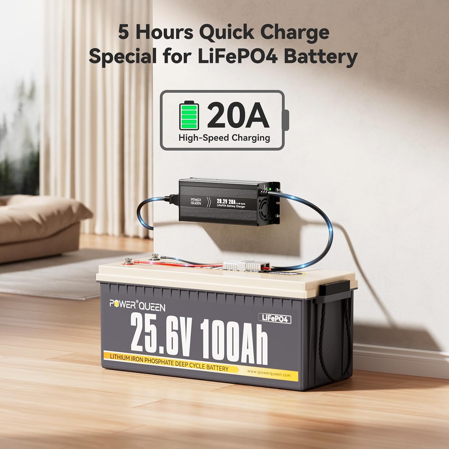 Power Queen 24V 20A LiFePO4 Battery Charger,Smart 24V Lithium Battery Maintainer,Fully Automatic Rechargeable 25.6V (29.2V) LiFePO4 Battery Charger with Multi Safety Protections,0V Activation Function