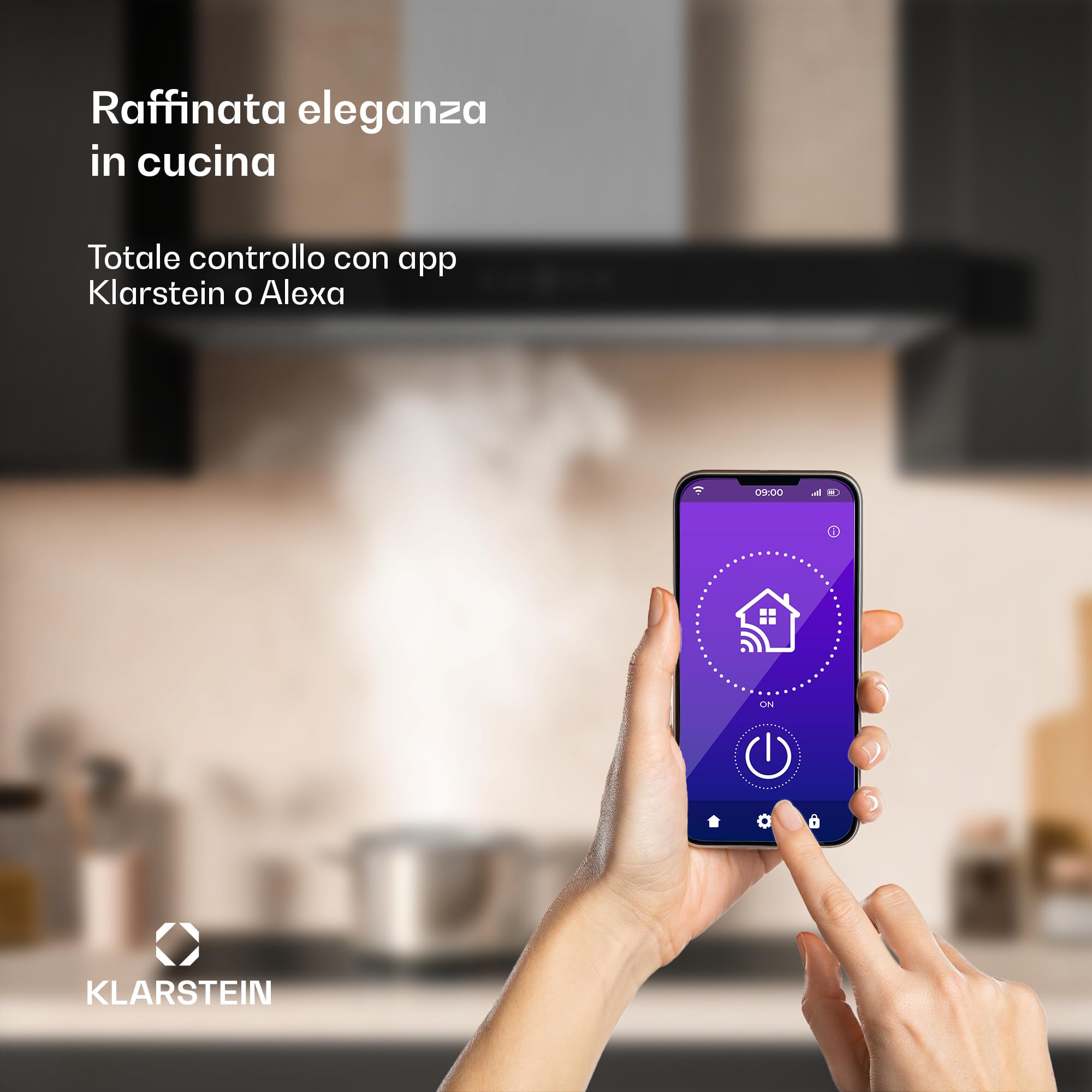 Klarstein SmartEdge Cappa Aspirante - 90cm, 530 m³/h, A+ Efficienza Energetica, Controllo Touch & Wi-Fi, LED, Silenziosa 34 dB, Acciaio Inox, Cappa Cucina
