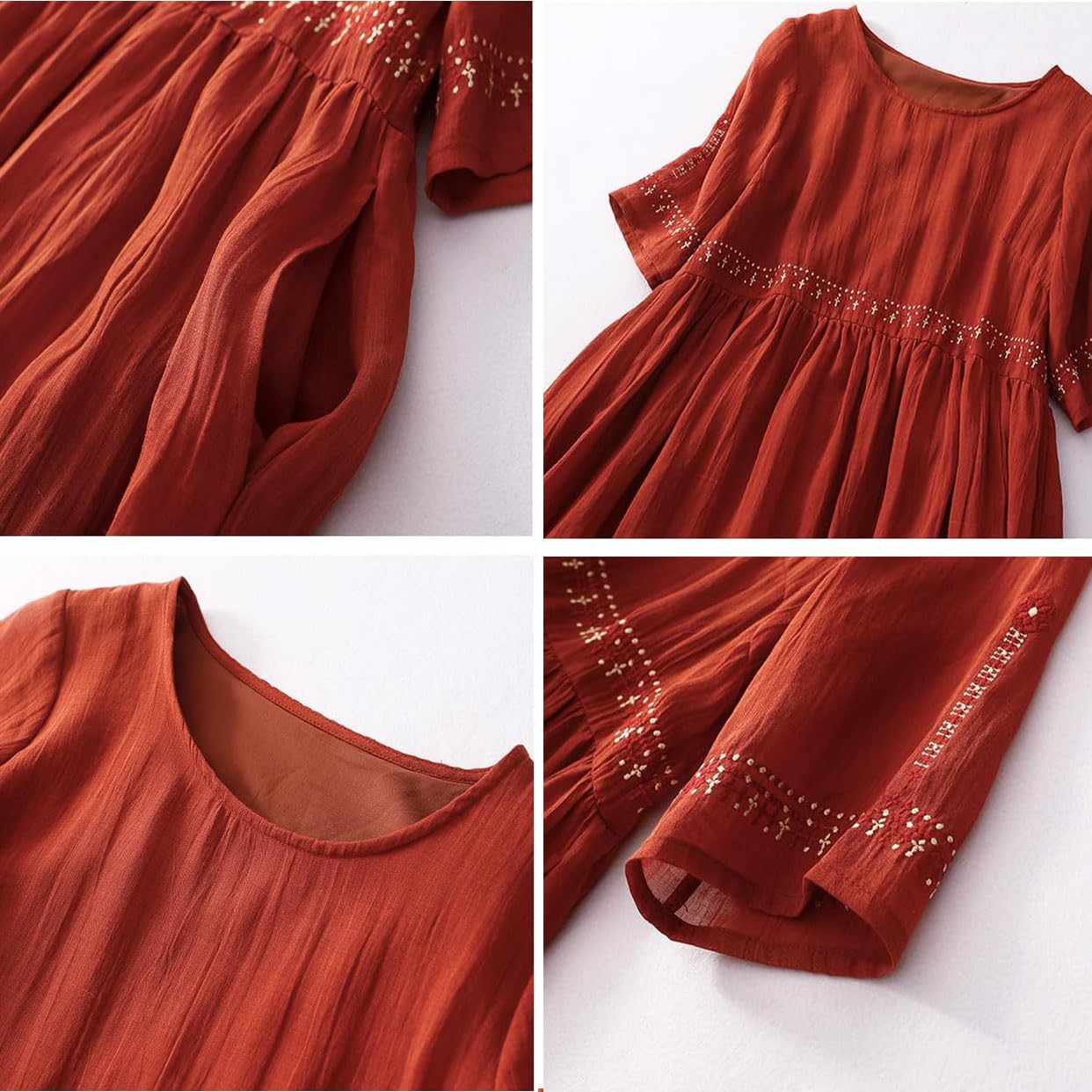 Vestido Largo de Lino y algodón con Bordado Floral para Mujer, Estilo Bohemio, clásico de Verano, con Media Manga y Cuello Redondo.