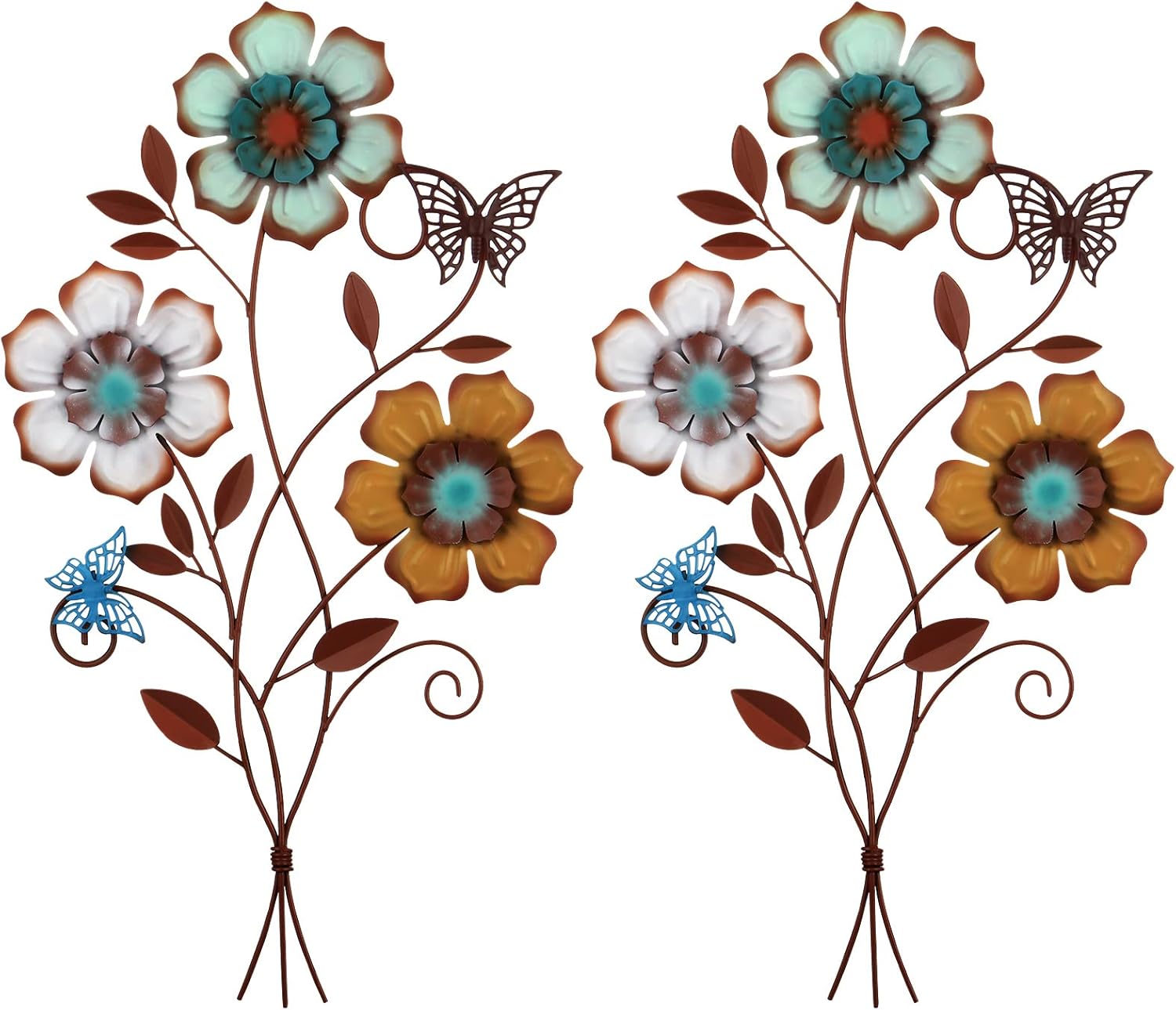 Moxweyeni Tricolor Flower Wall Decor Vintage Metal Wall Art Decor Rustic Hanging Flowers Decorative Metal Floral Art for Home Living Room Bathroom Indoor Outdoor, 15 x 9.1 Inch(2 Pieces)