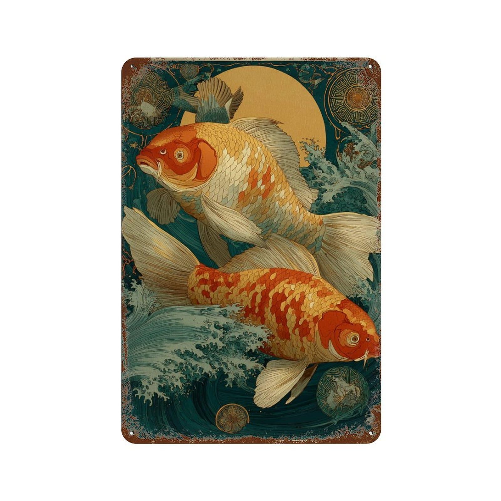 Rust Effect Koi Fish Art Print-10 Rustic Tin Plaque 11.8"x7.9", Classic Wall Plaque for Shed, Workshop And Garage Wall Decor