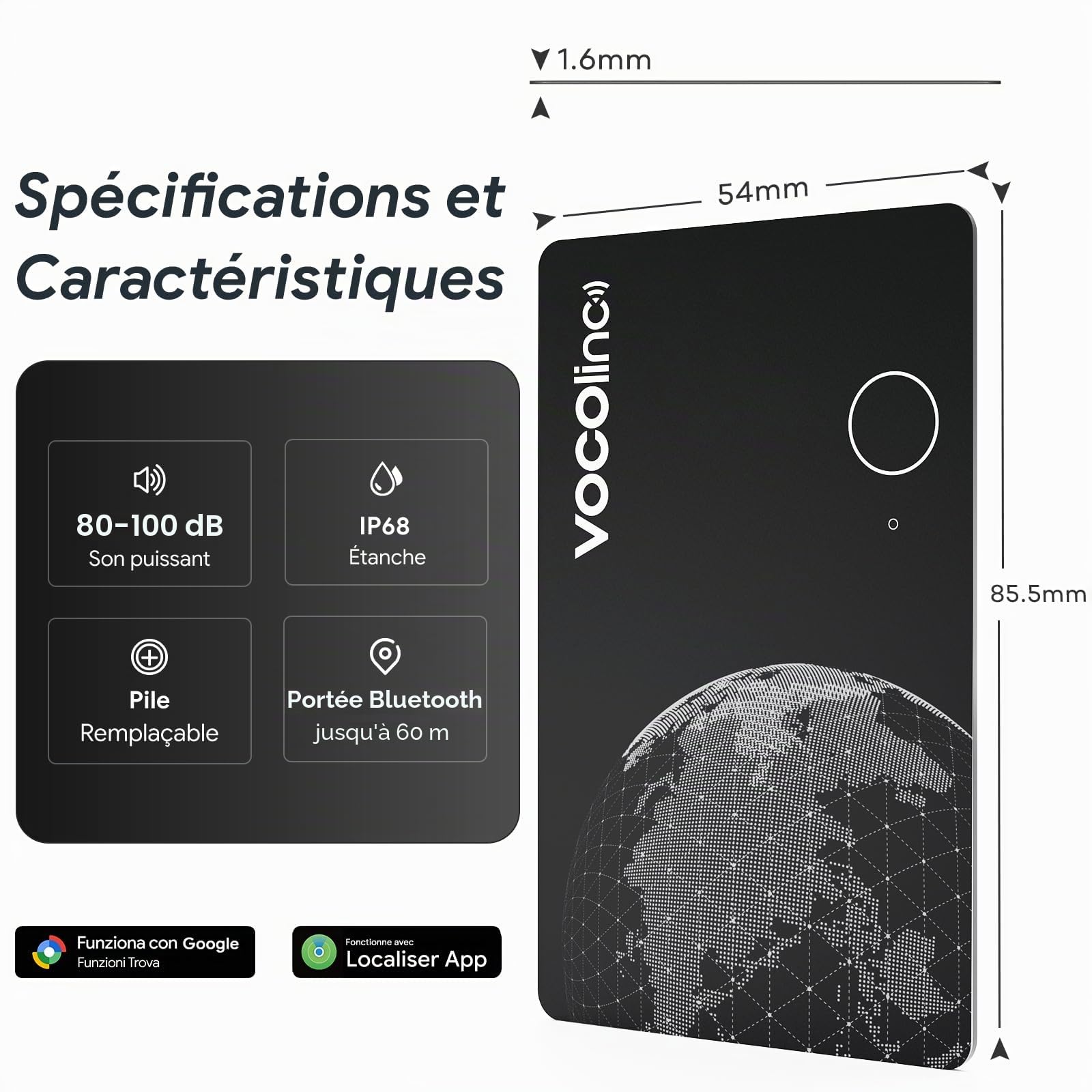 VOCOlinc Double Système Air Tag Carte Lot de 2, Rechargeable Wallet Tracker Compatible avec l'application Android Google Localiser ou iOS Apple Localiser, Localisateur pour Portefeuille/Bagages/Sacs