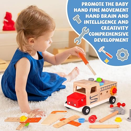 Miniatura 6 de Agirlgle Montessori - Juego de herramientas para niños pequeños, kit de herramientas de madera para automóvil, aprendizaje STEM educativo, juego de