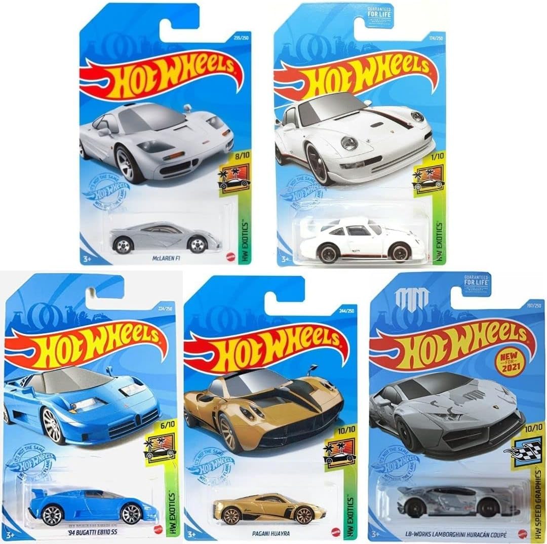 Super Car Exotics Madness 5 Pack Random Diecast Bundle Set with Various Lambos, Lotus, Porsches, Mclarens, Paganis and More