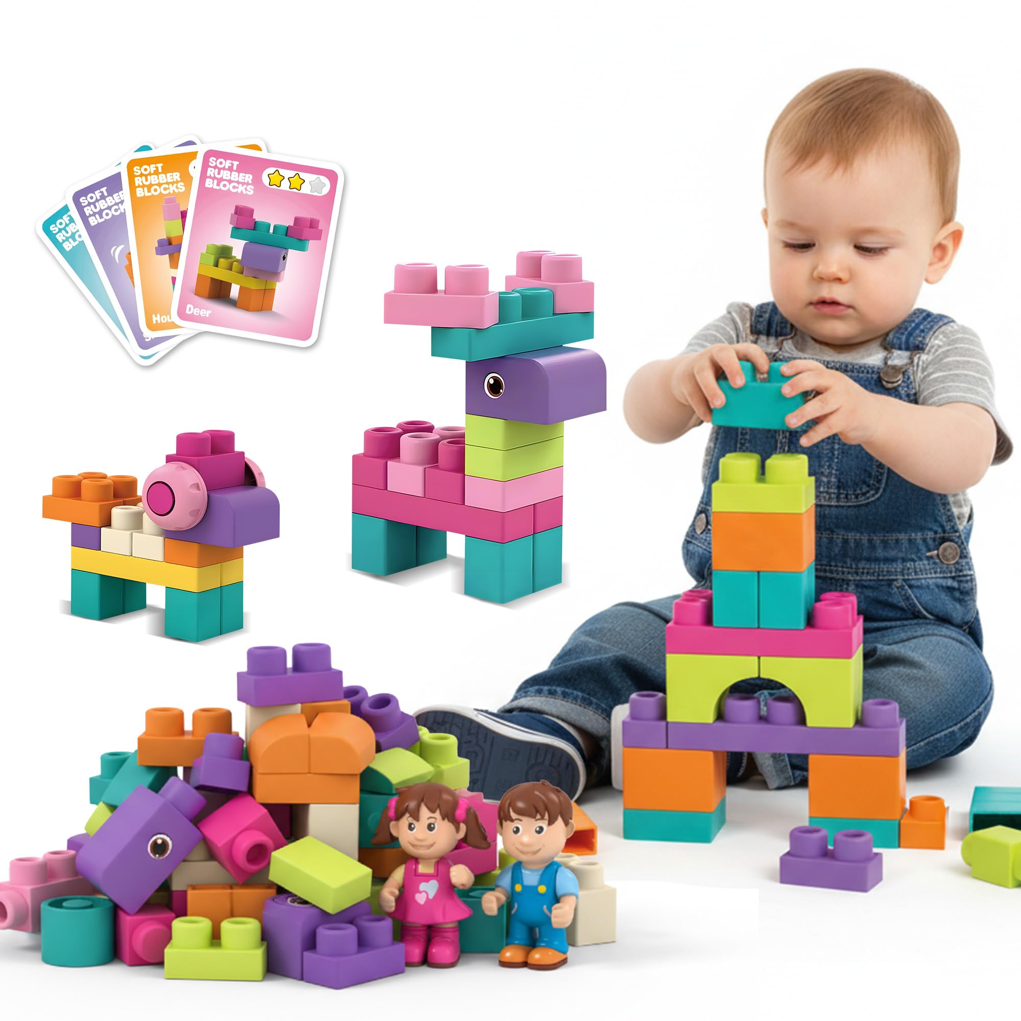 ROHSCE Soft Building Blocks for Toddlers, Stacking Blocks for Babies 6 Months and Up STEM Toddler Gifts, Large Construction Block Set Rubber Blocks