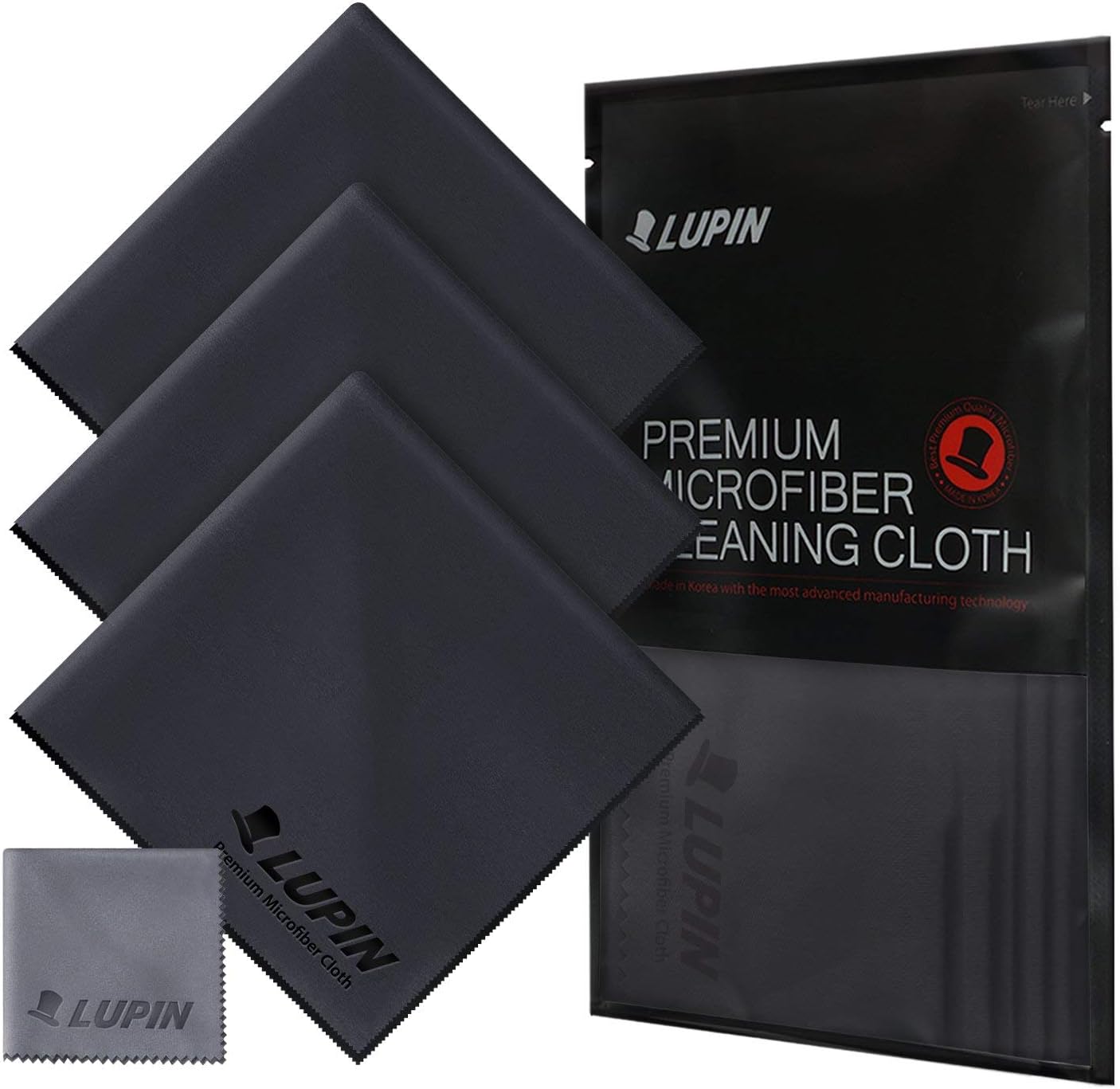 Ringke Lupin Microfiber Cleaning Cloths, Large 4 Pack Premium Ultra Lint Polishing Cloth for Cell Phone, Tablets, Laptops, iPad, Glasses, Auto Detail, TV Screens & Other Surfaces - Black