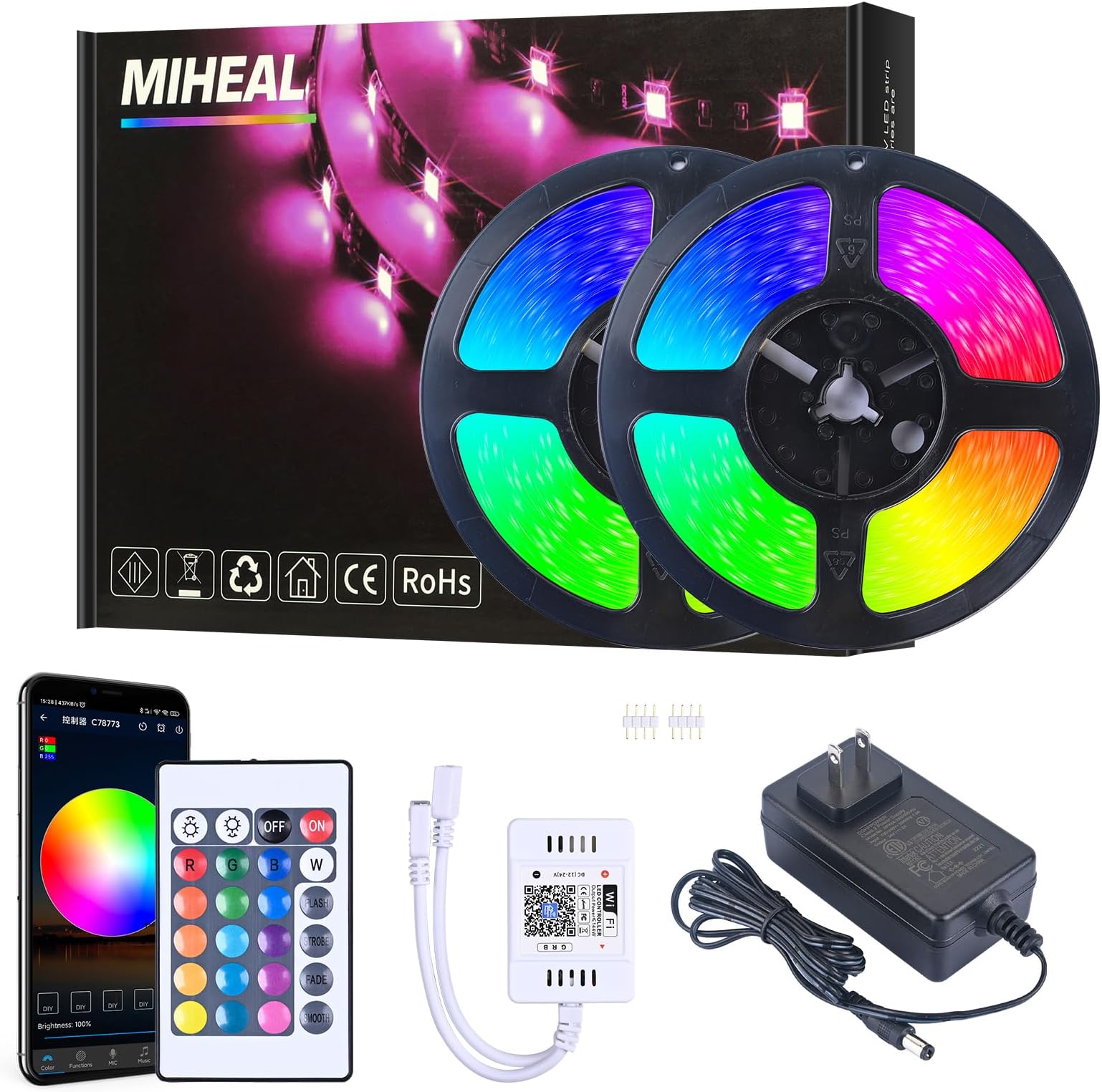 MIHEAL Led Light Strip, WiFi Wireless Smart Phone Controlled 65.6ft Non-Waterproof Strip Light Kit Black PCB 5050 LED Lights,Working with Android and iOS System,IFTTT