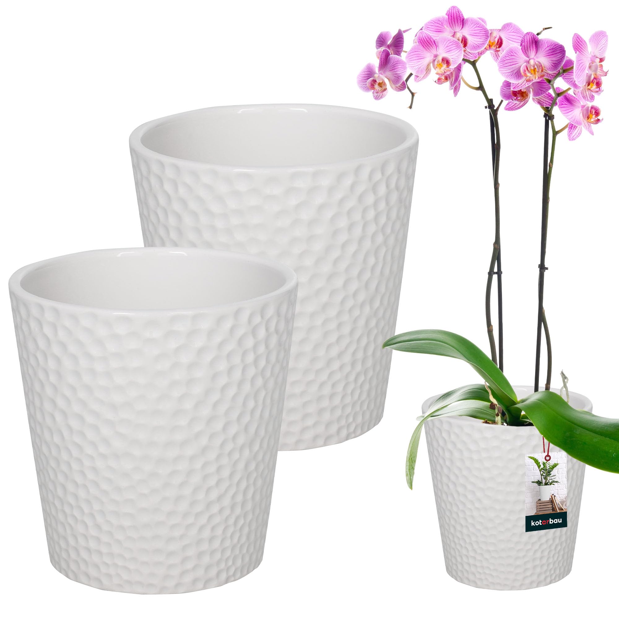 Kotarbau White Kotarbau® Set Of 2 Flower Pots, Ceramic Glazed, Diameter 9.5 Cm, Height: 11 Cm, Orchid Pot, Ceramic Flower Pots, Ceramic Plant Pot, Modern Flower Pots, Indoor Plants
