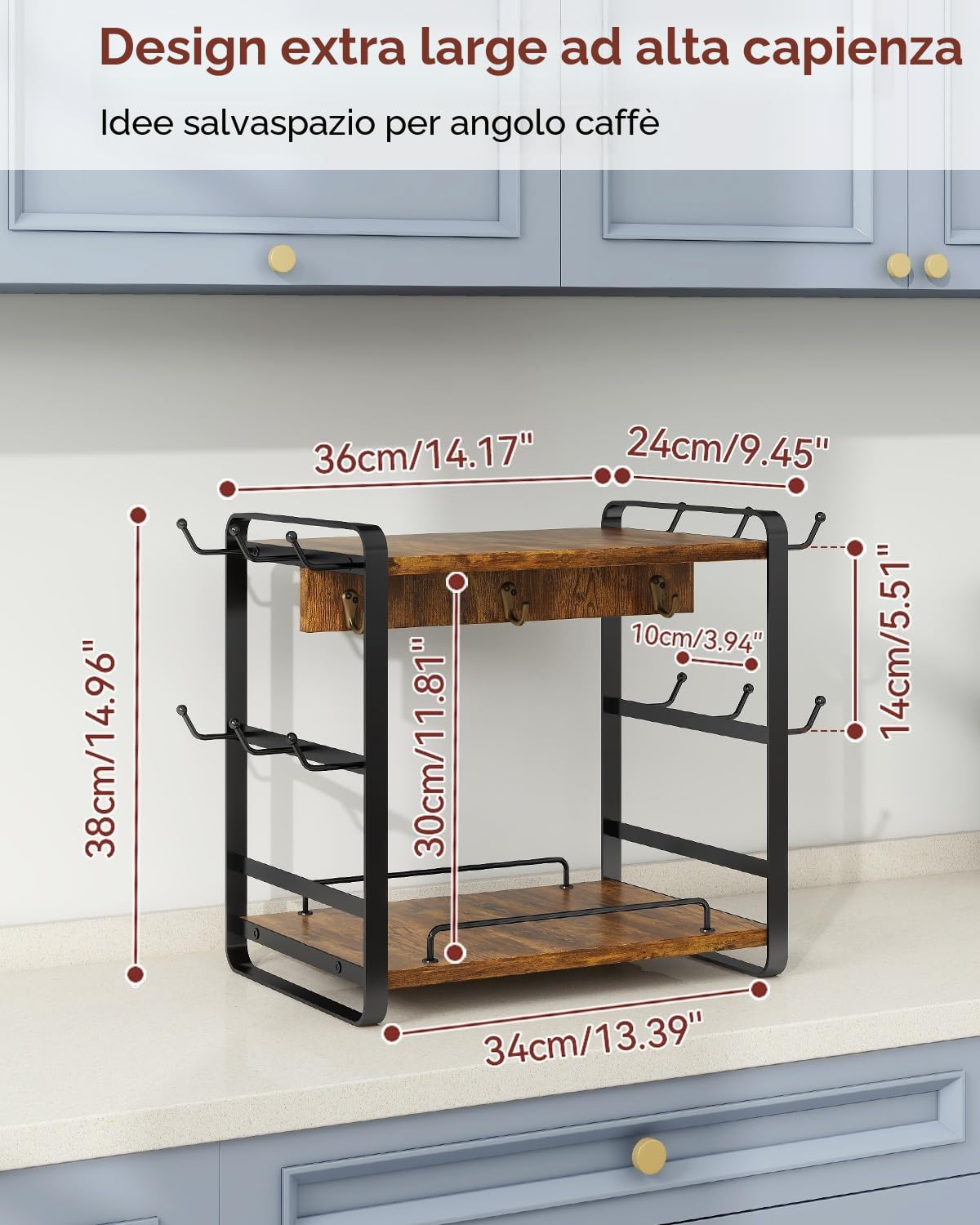 IBUYKE Organizer Caffe Portatazze da Appoggio, 2 Livelli di Supporto per Tazze da Cucina, Porta Tazzine da Caffè di Legno Con 18 Ganci,Organizer Tazze per Cucina,Ufficio,Marrone TBJ006H