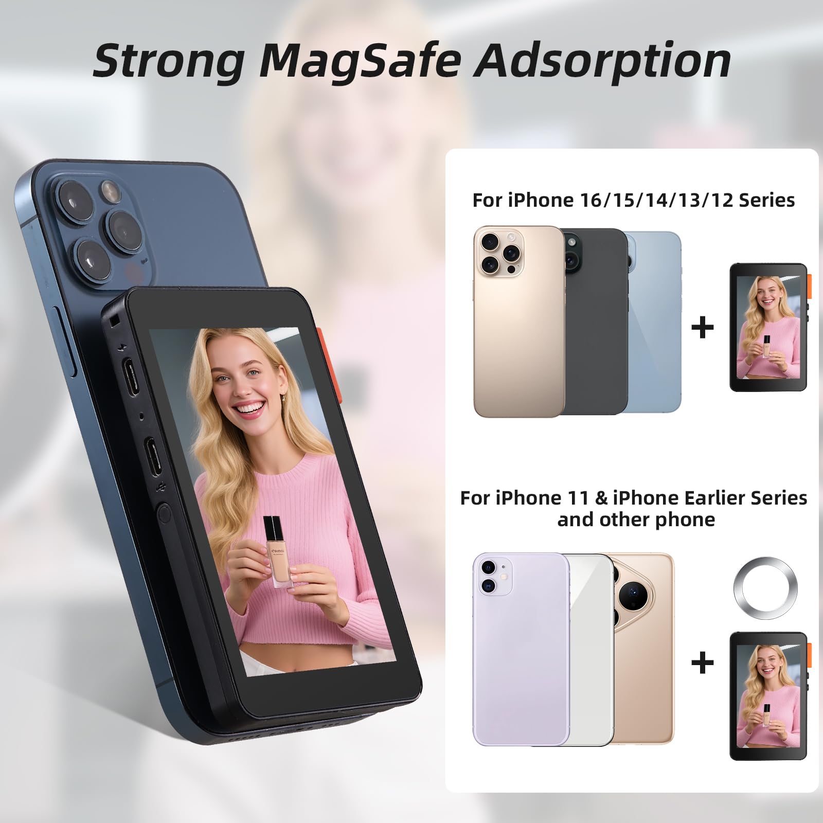 Koolertron 4 Zoll Handy Selfie Monitor mit Lautsprechern und Ständer, Magnet Rückkamera Selfie Monitor iPhone Android, Kabellos 20-50M, Selfie Bildschirm für Teleprompter YouTube TikTok Live Stream