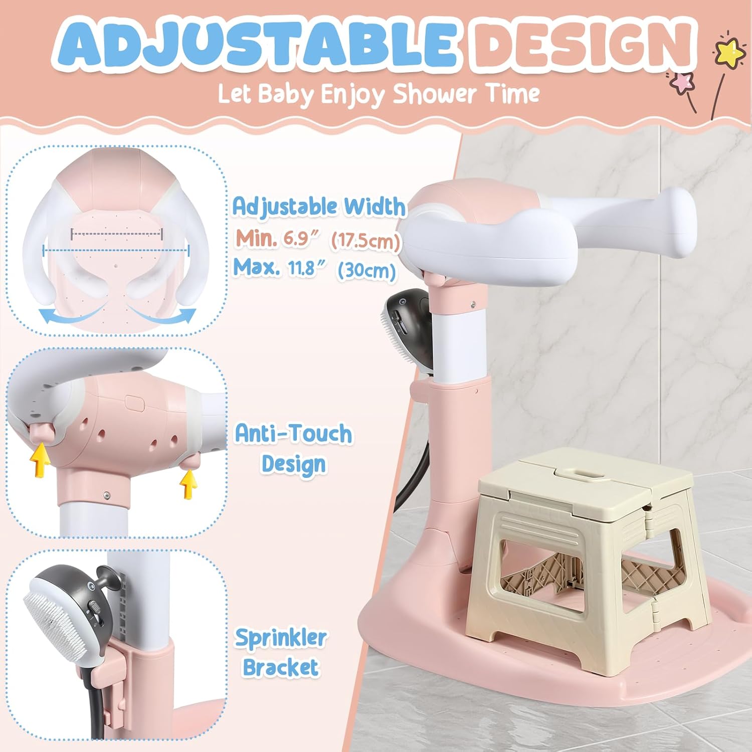 Orzbow Baby Shower Stand, Collapsible Baby Bath Stand with Foldable Chair, Adjustable Height Toddler Shower Standing Support for Infant 6-36 Months, Anti-Slip Base, Easy-Use, Pink