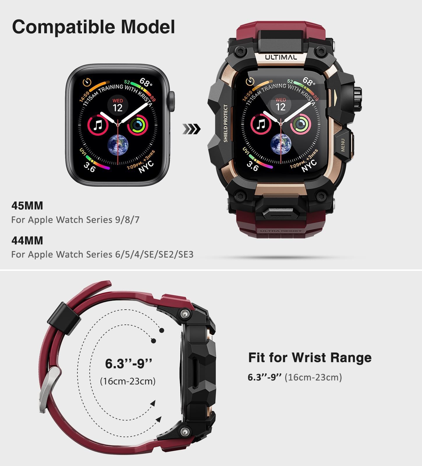 ULTIMAL Custodia robusta con cinturino per Apple Watch 49 mm, compatibile con Apple Watch Ultra 3/2/1, custodia antiurto di grado militare per iWatch Tactical Band da uomo