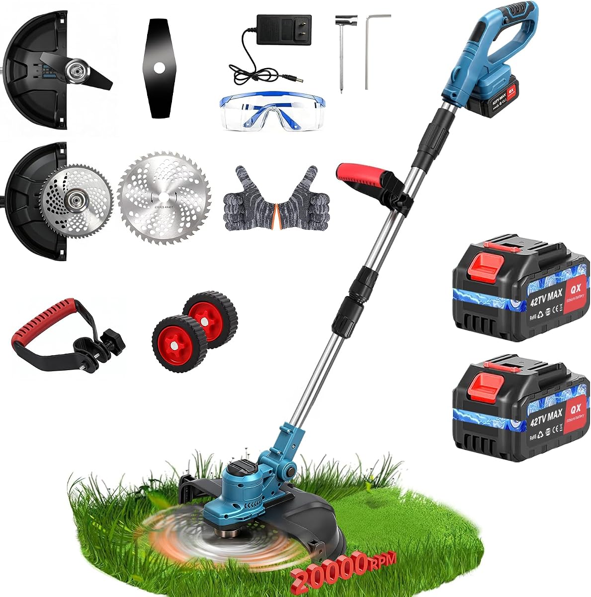 Desmalezadora eléctrica de 20000 RPM con rueda, desmalezadora inalámbrica sin escobillas de 12 ″ con batería, cortadora de hilo/desbrozadora/cortadora de césped/cortacésped, cortadora de malezas para herramientas de jardín