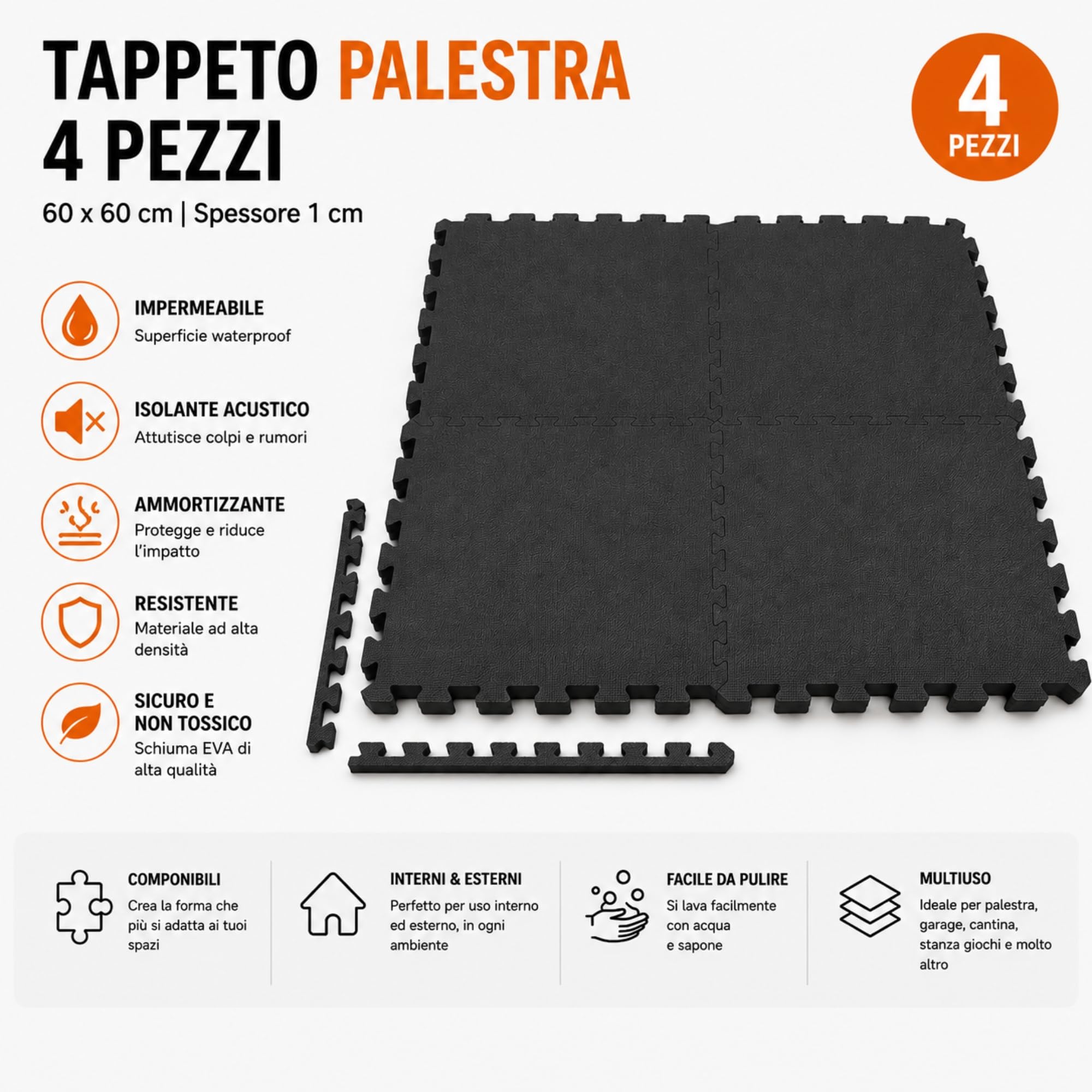 Tappeto Palestra EVA ad Incastro, 4 Pezzi 60x60x1 cm, Tappetino Fitness Puzzle Antitrauma Antiscivolo, Pavimento Protettivo per Home Gym Garage Yoga Fitness Nero
