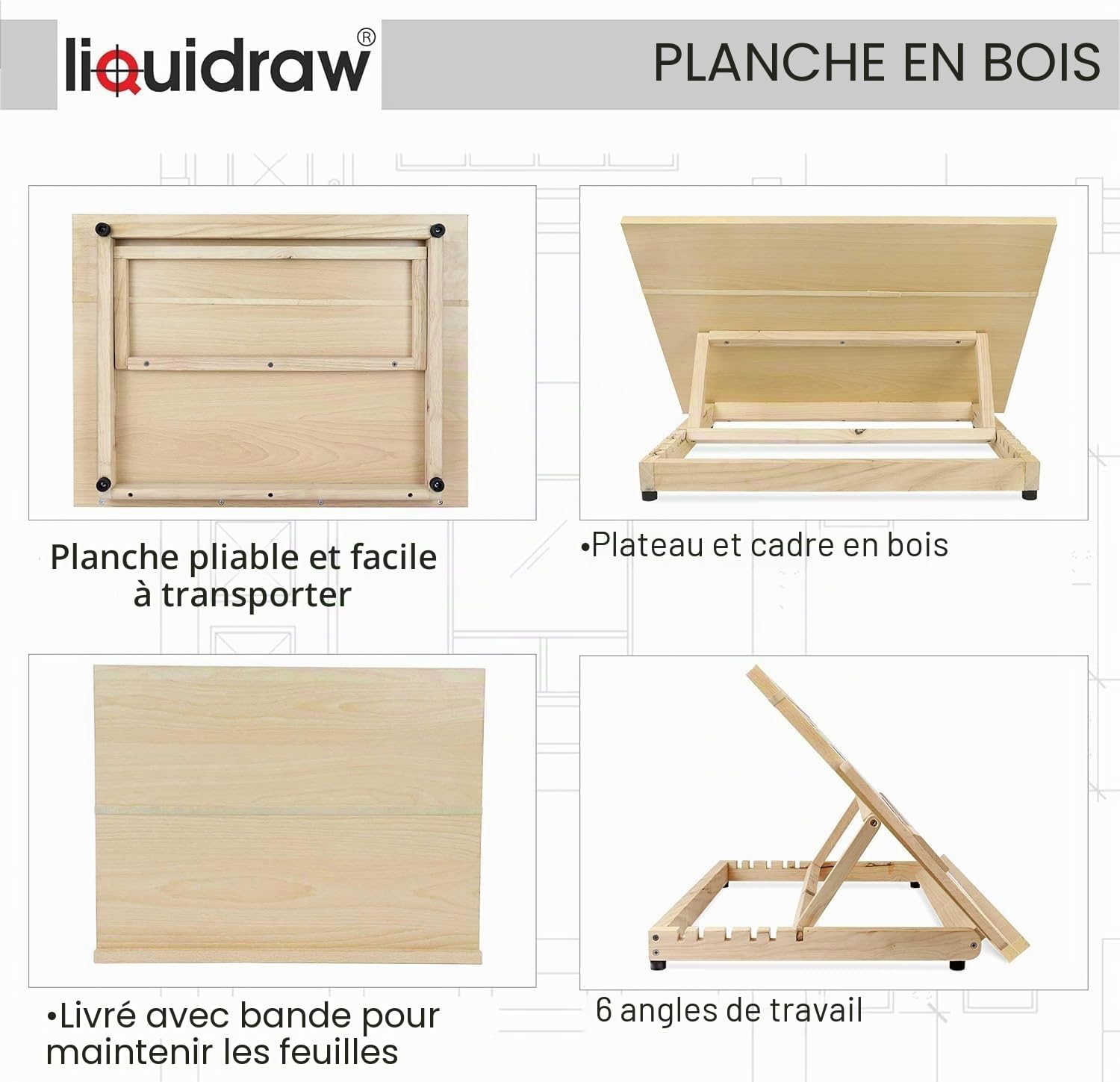 Liquidraw Planche à dessin d'artiste A2, planche à dessin d'art en bois massif réglable à 6 angles avec règle carrée en T de 60 cm, chevalet de table portable pour dessin 25,5" x 18,5"