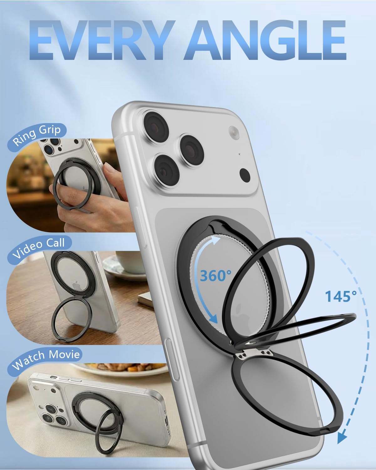 SEMBO 0.1'' Ultra Thin Adhesive Magnetic Phone Ring Holder, 360° Rotation Cell Phone Grip Stand Finger Ring Kickstand Compatible with iPhone 17 Pro Max 16 15 14 13 12 MagSafe Accessories (Black)