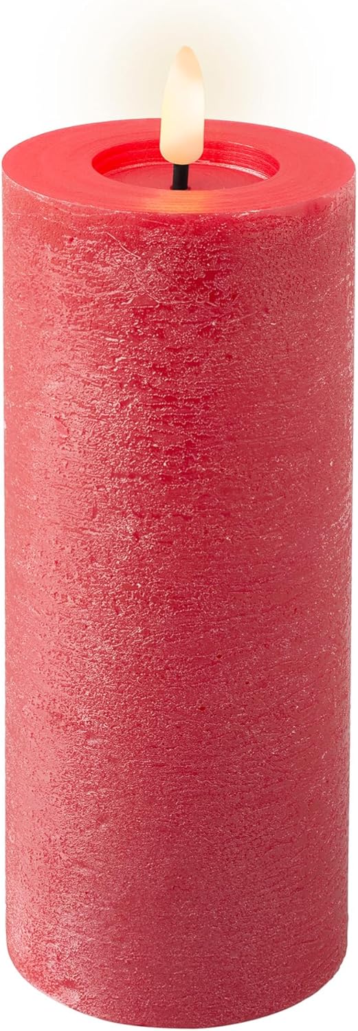 Lumineo Battery Operated Red 7.5" Wax Candle, Realistic Warm White Flame, 6-Hour Timer, 2 AAA Batteries (Not Included)