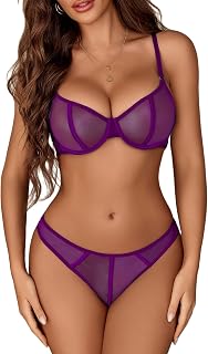 Lingerie for Women Mesh Lace Bra and Panty Set 2 Piece Underwire Bralette Set Strappy Babydoll Bodysuit