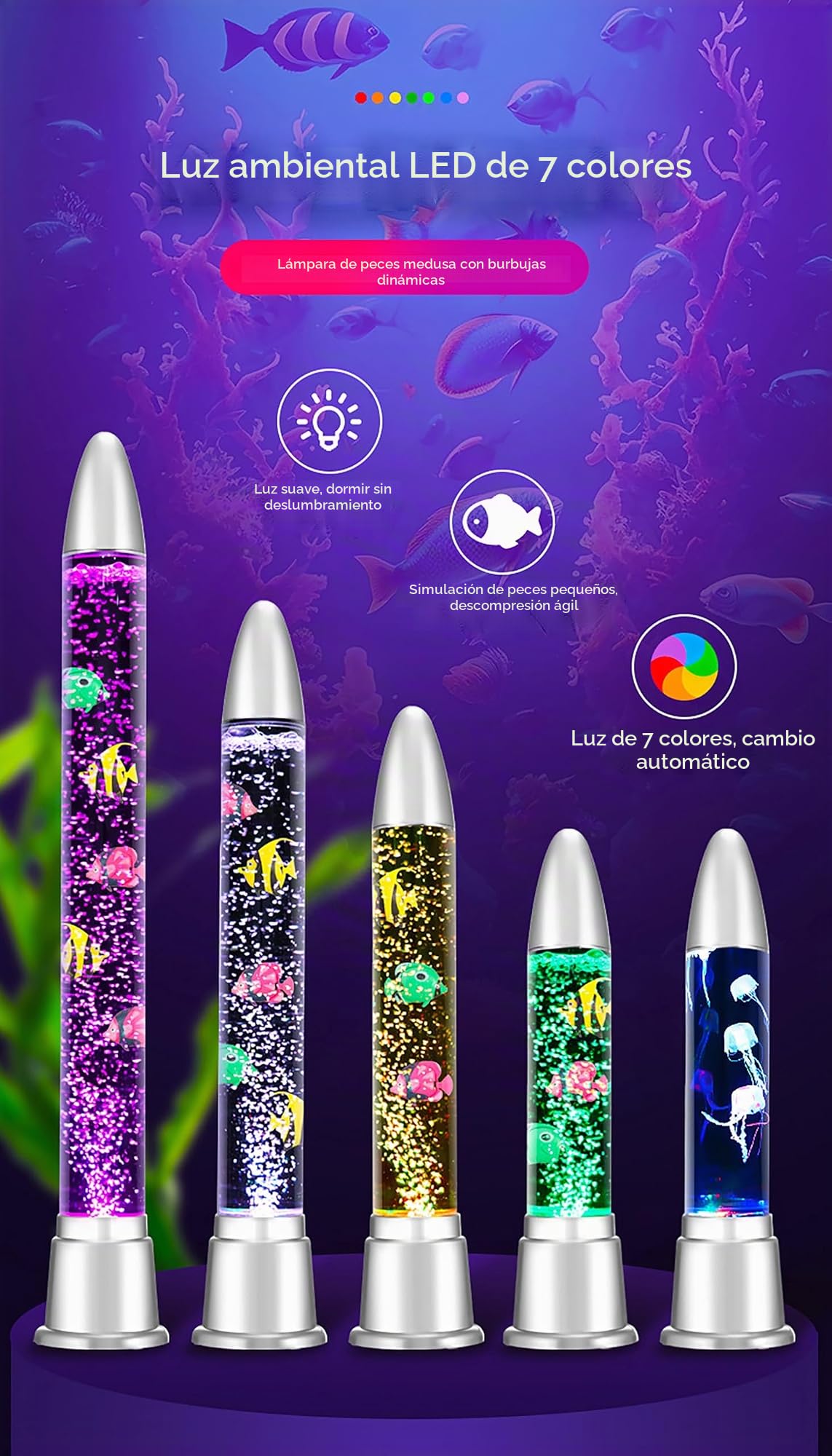 Lámpara de pie LED de fantasía en forma de tubo de pescado con 7 efectos de luz cambiantes de color y 3 peces falsos, luz nocturna para aliviar el estrés, lámpara sensorial calmante para el autismo y