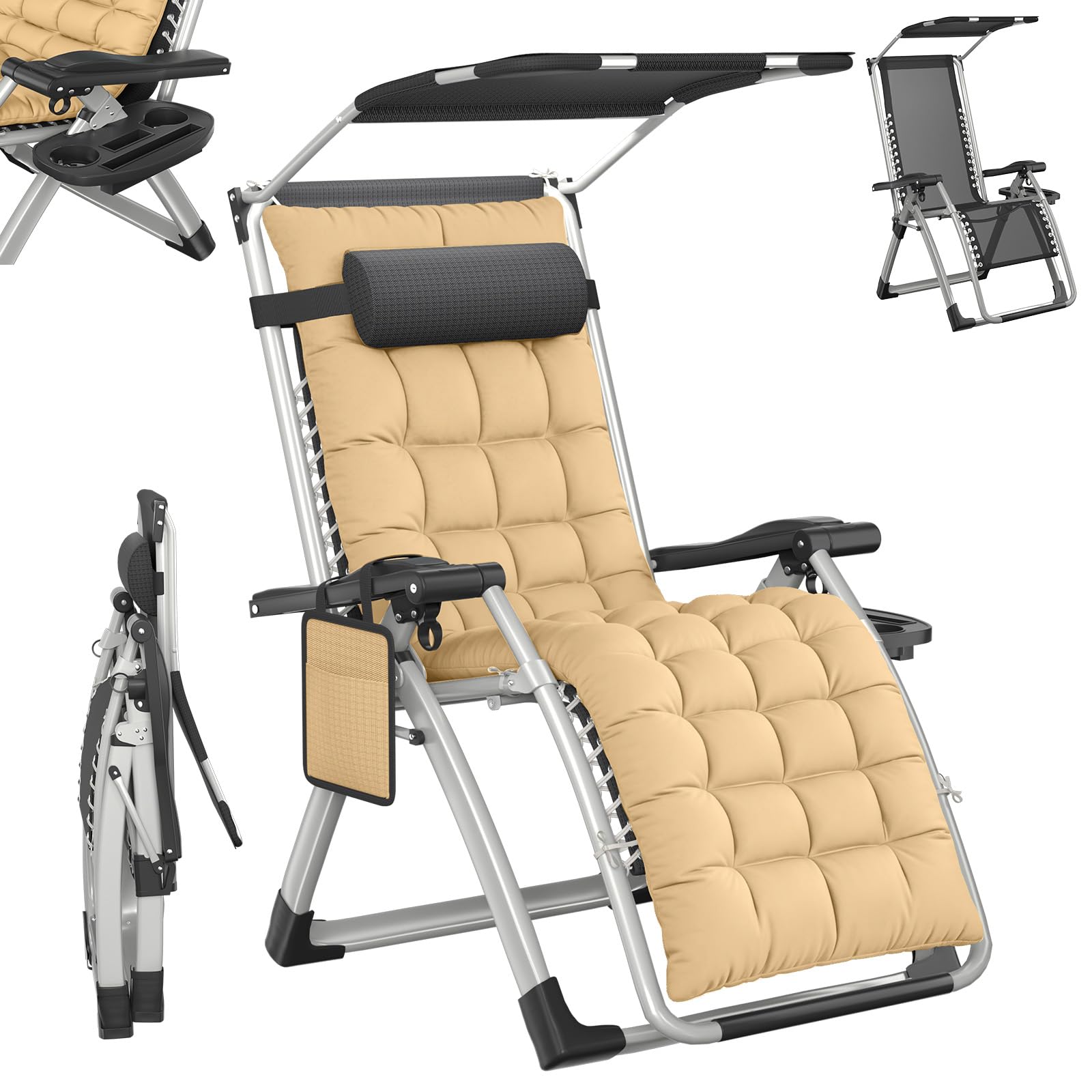 LZQ Sonnenliege klappbar mit Dach Gartenliege mit Kissen & Getränkehalter, ergonomischer Liegestuhl mit verstellbare Rückenlehne, Belastbar 160 kg, Outdoor Relaxliege für Garten Terrasse, Beige