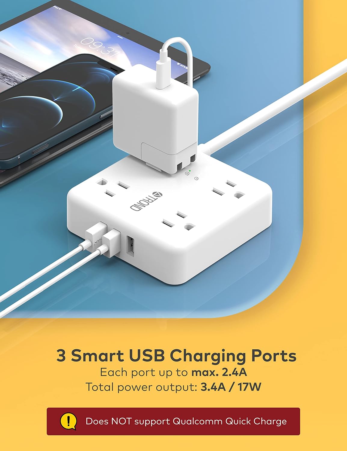 15ft Long Extension Cord USB - TROND Power Strip Surge Protector Flat Plug, 4 Widely-Spaced AC Outlets, 3 USB Ports, Wall Mount, 1440J Protection, for Home Bedside Dorm Room Essentials, White