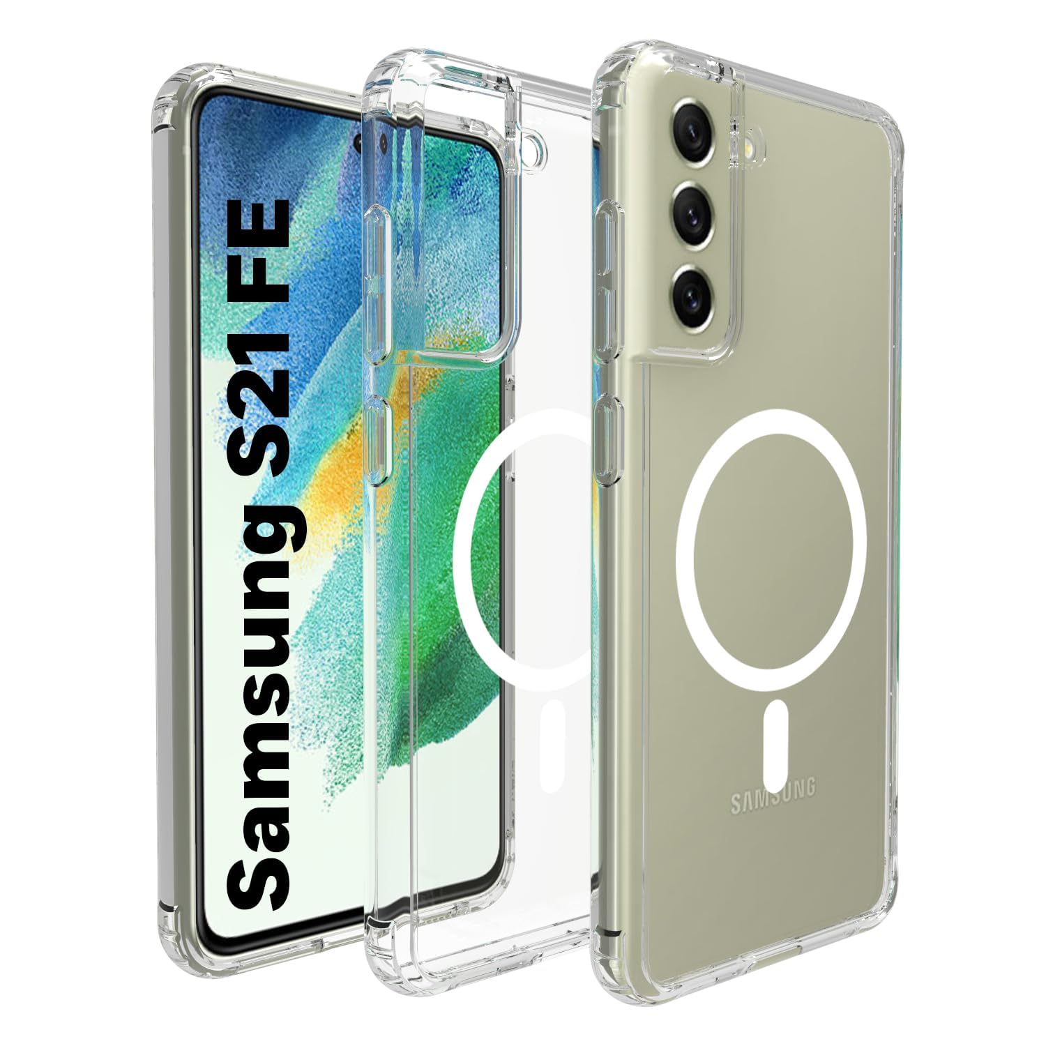 RIGGEAR Shockproof Clear Hybrid Armor Back Cover Case Compatible with MagSafe Accessories for Samsung Galaxy S21 FE 5G (Clear PC + Clear TPU Bumper)