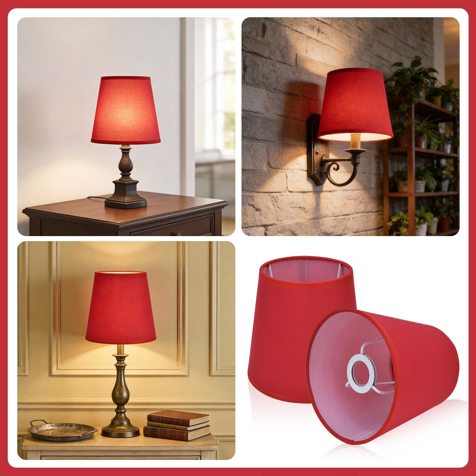 2 Uds., Lámpara De Interior, Pantalla De Mesa, Pantalla De Tela, Pantalla De Luz E14, Cubierta De Lámpara De Tela, Decoración Del Hogar Para Candelabros E14, Lámparas De Mesa Y Lámparas De Pie(Rojo)