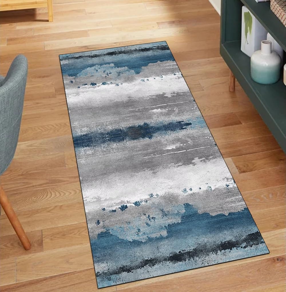 Alfombra para pasillo y dormitorio lavable azul gris 90x250 cm ambiente hogareño